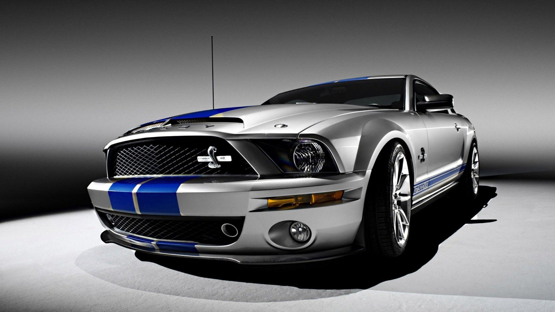 Silver Ford Shelby GT500 Mustang with blue stripes HD Wallpaper