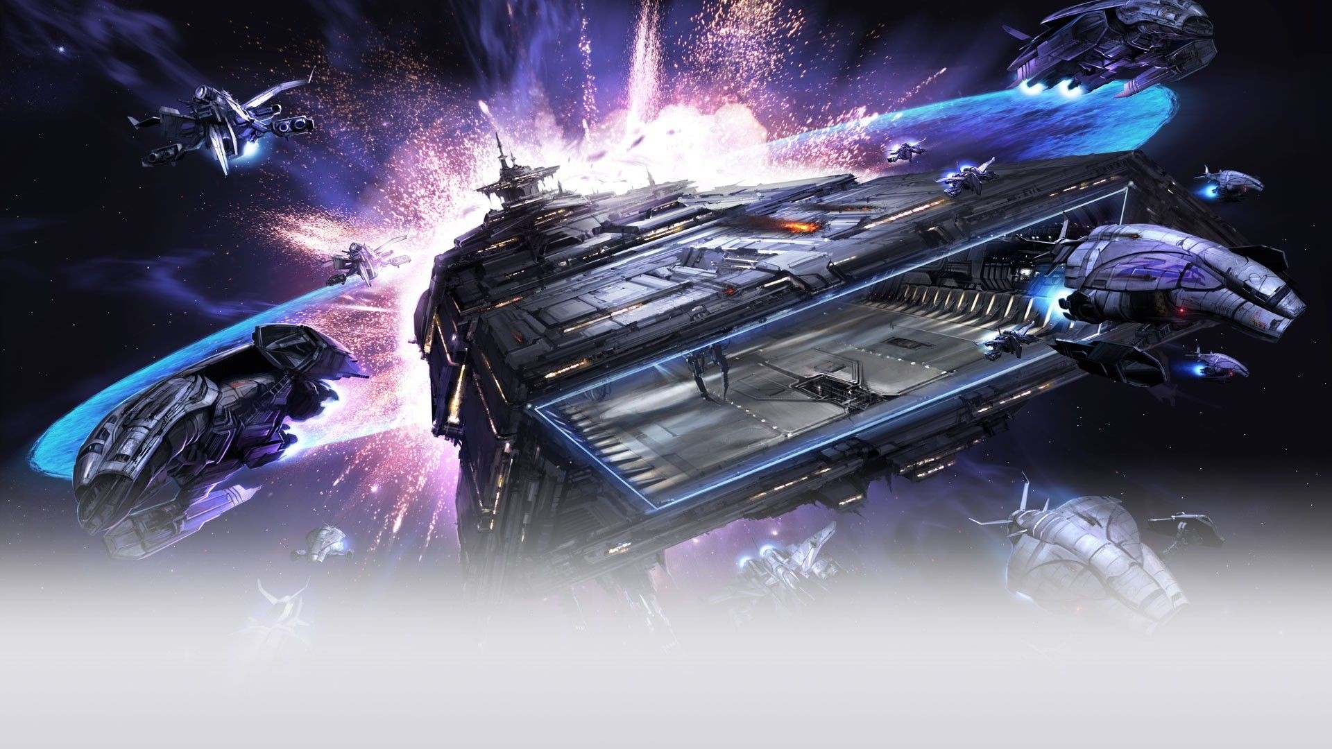 Spaceships in a space battle with explosions HD Wallpaper