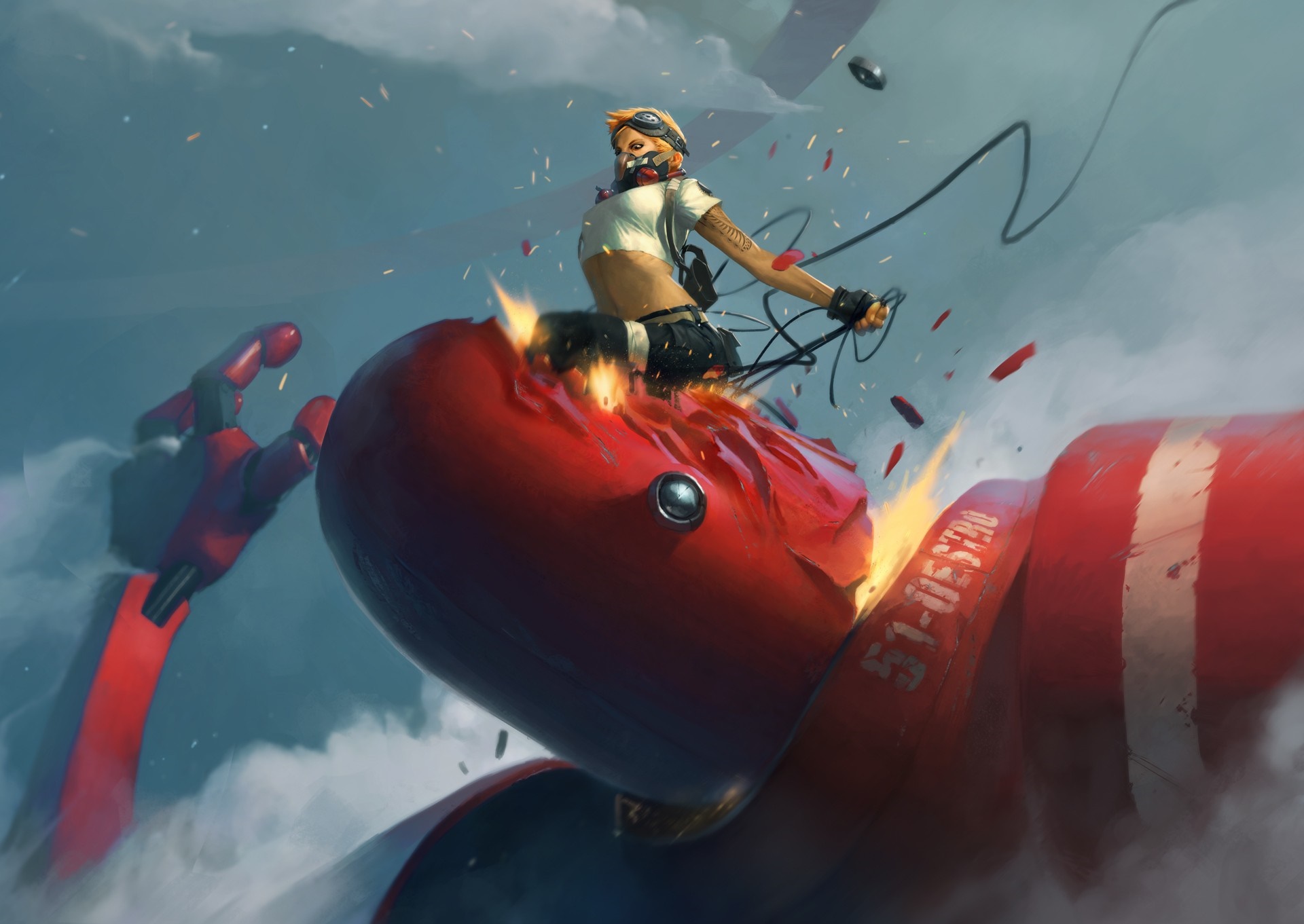 Woman riding a damaged red robot in the sky HD Wallpaper