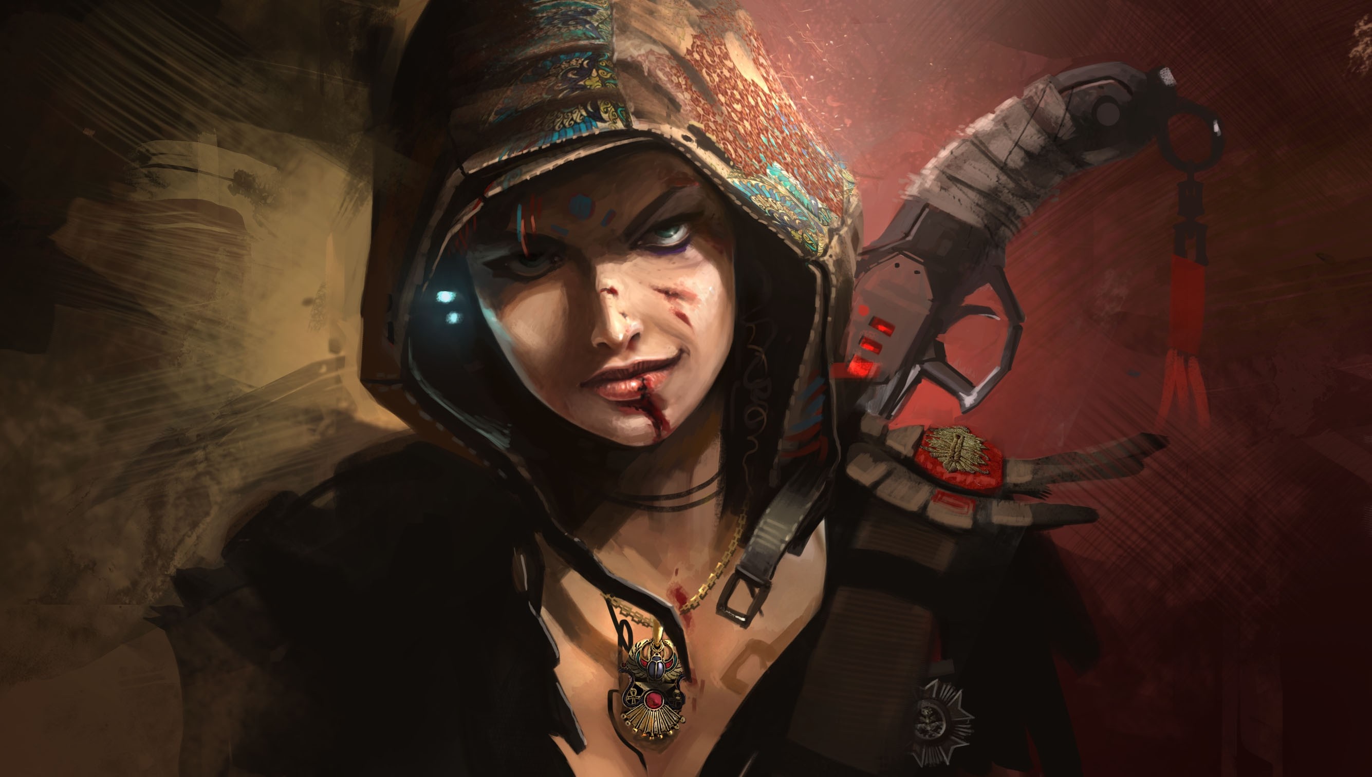 Futuristic woman with a gun and hood HD Wallpaper