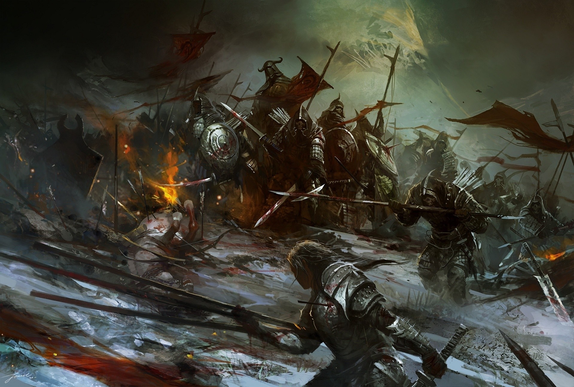 Fantasy warriors in a brutal battle with spears and swords HD Wallpaper