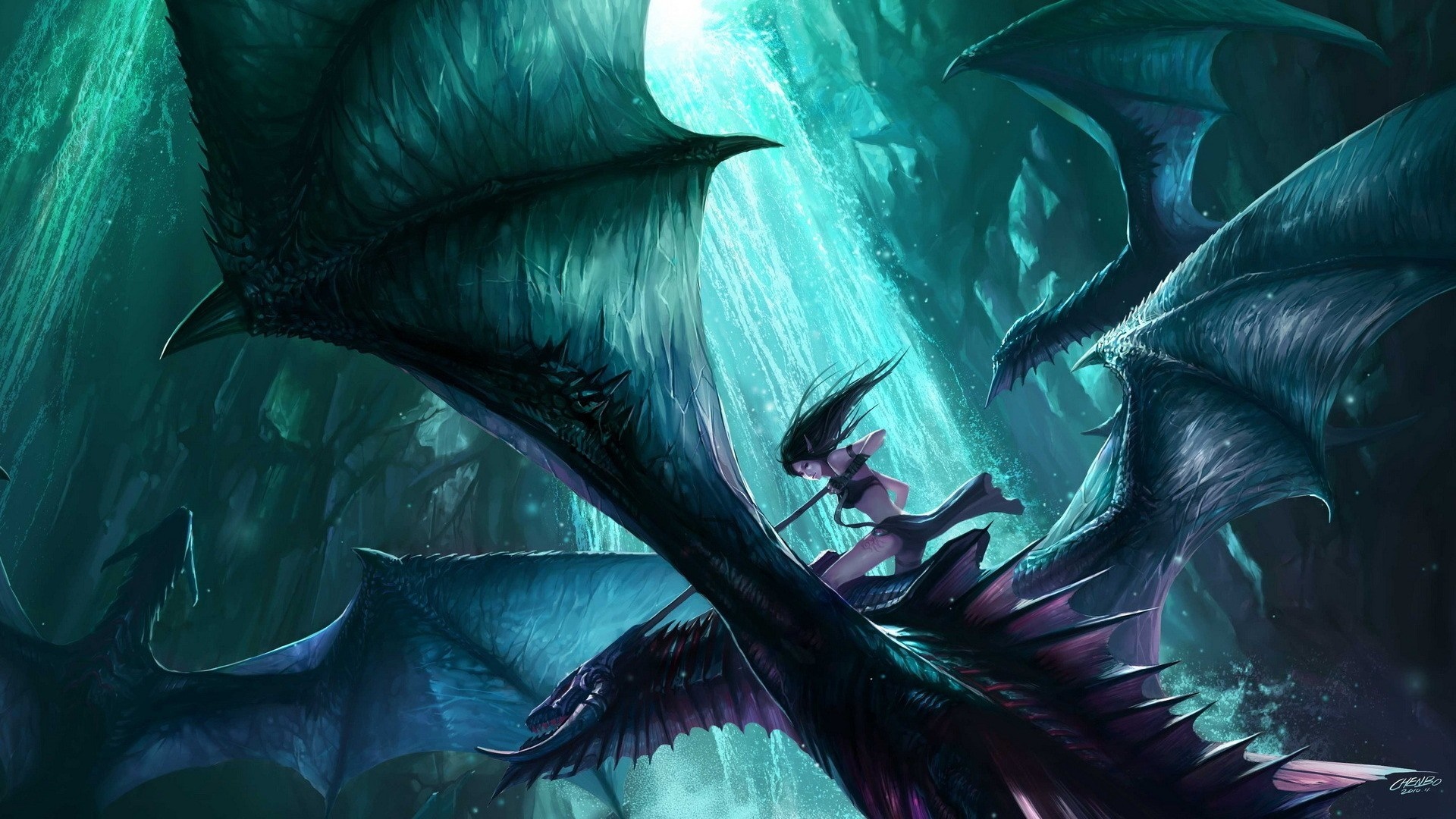 Girl riding a dragon in a cave HD Wallpaper