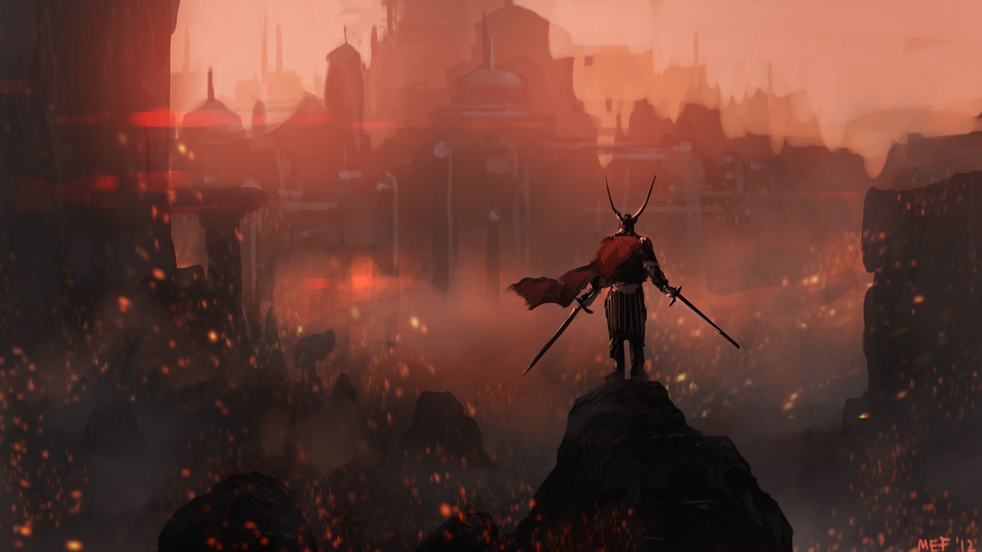 Samurai warrior overlooking a burning city HD Wallpaper