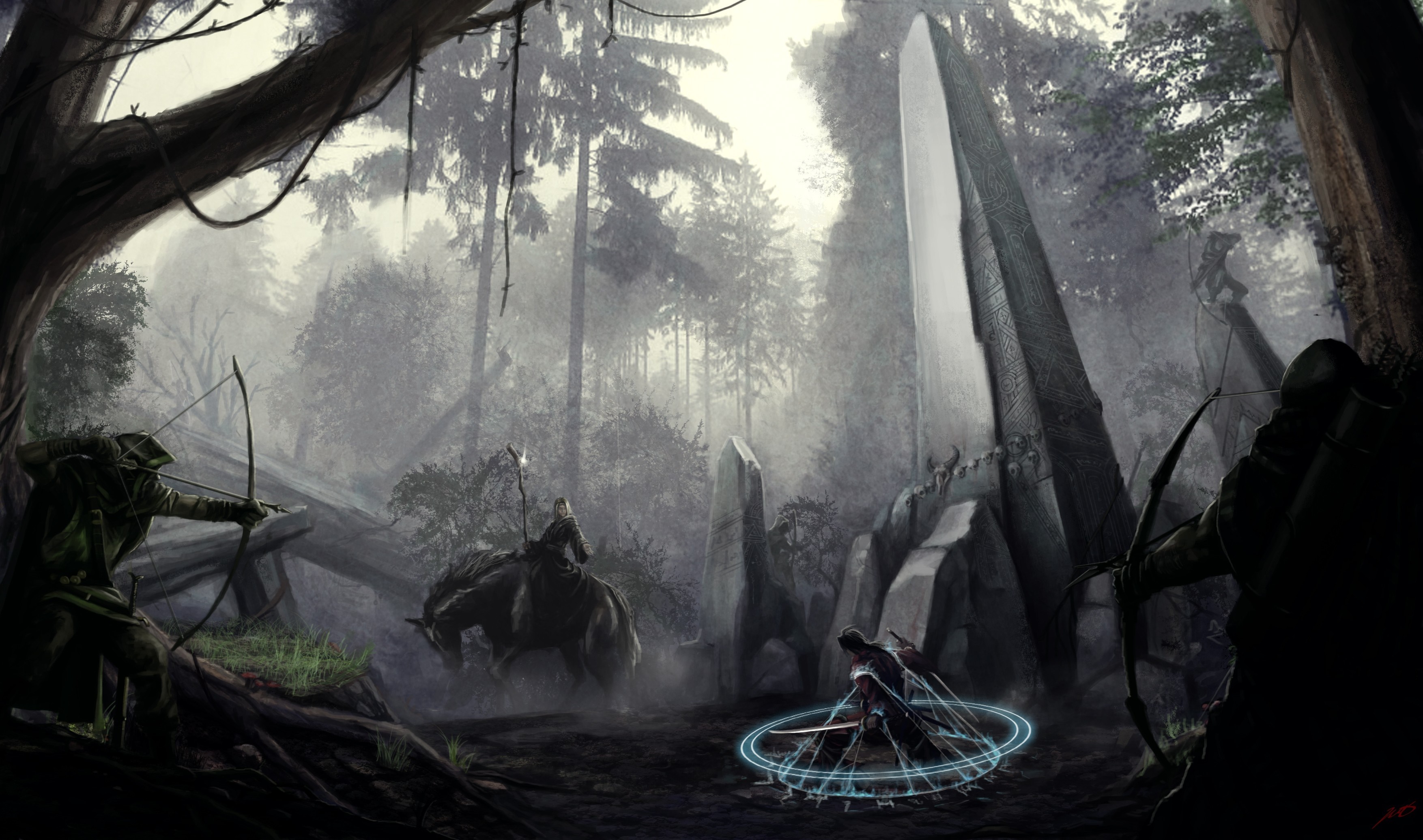Fantasy forest scene with archers and a rider HD Wallpaper