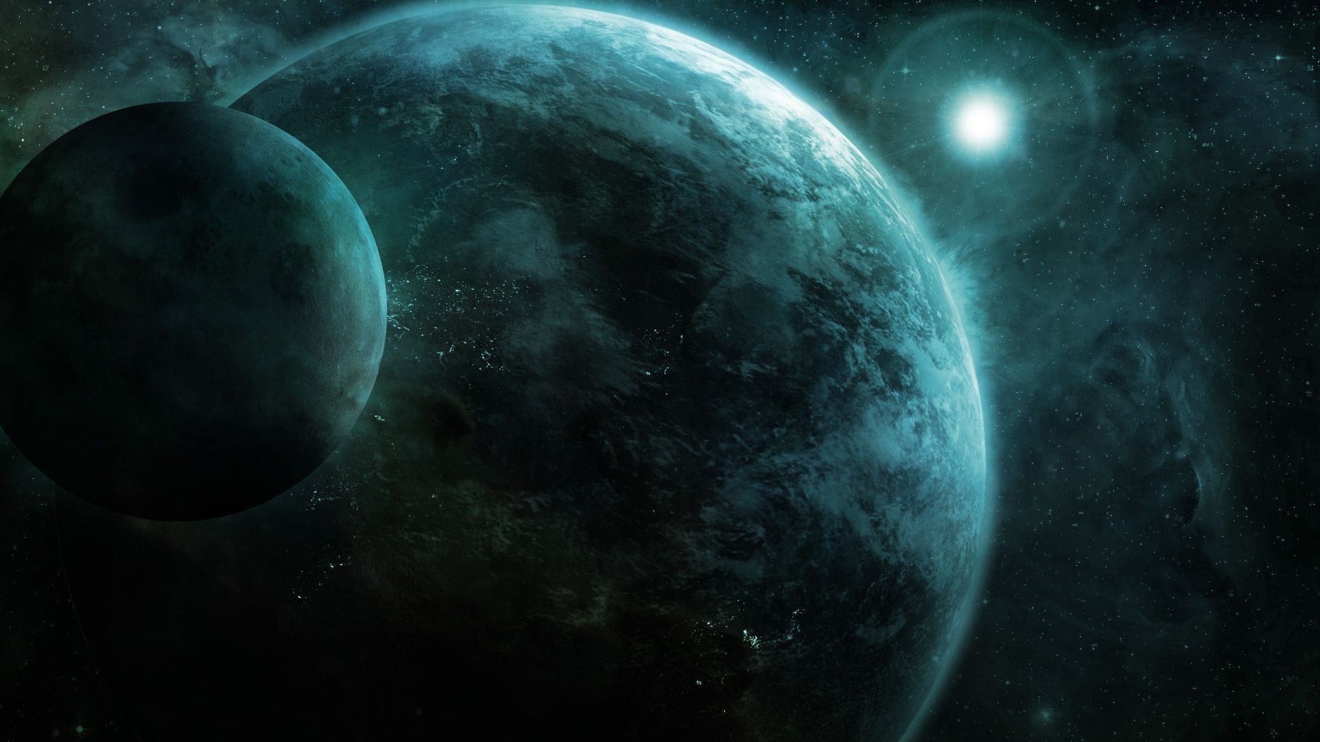 Two planets in outer space with a bright star HD Wallpaper