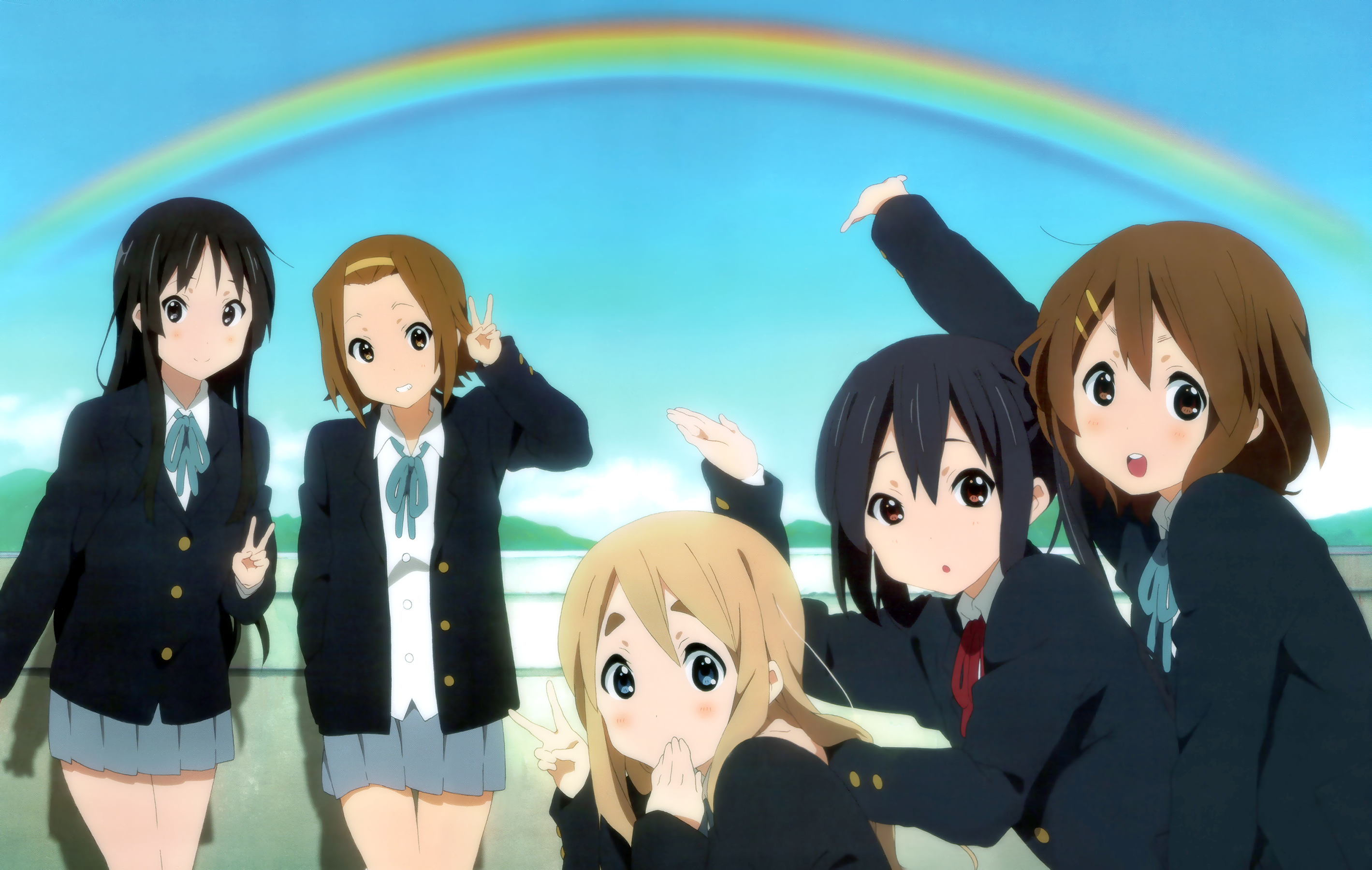 Anime girls from K-ON! posing under a rainbow HD Wallpaper