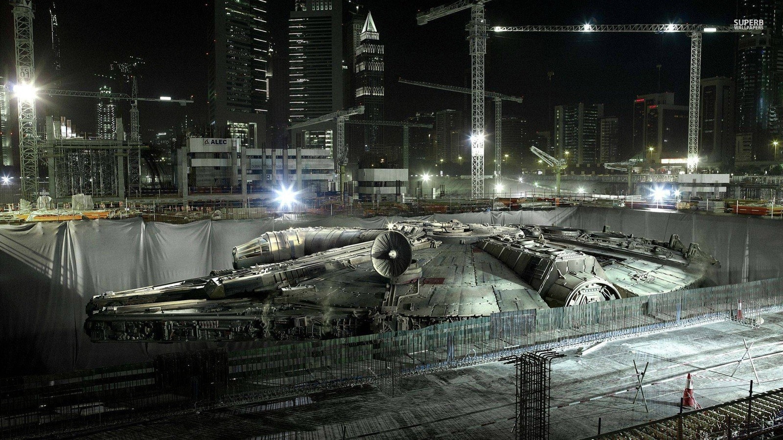Millennium Falcon at a construction site at night HD Wallpaper