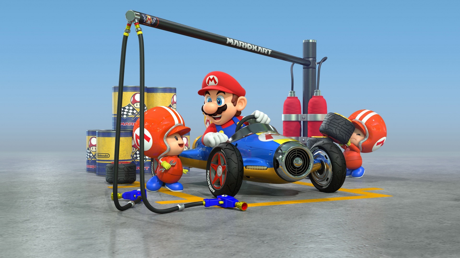 Mario and Toad characters in Mario Kart garage HD Wallpaper