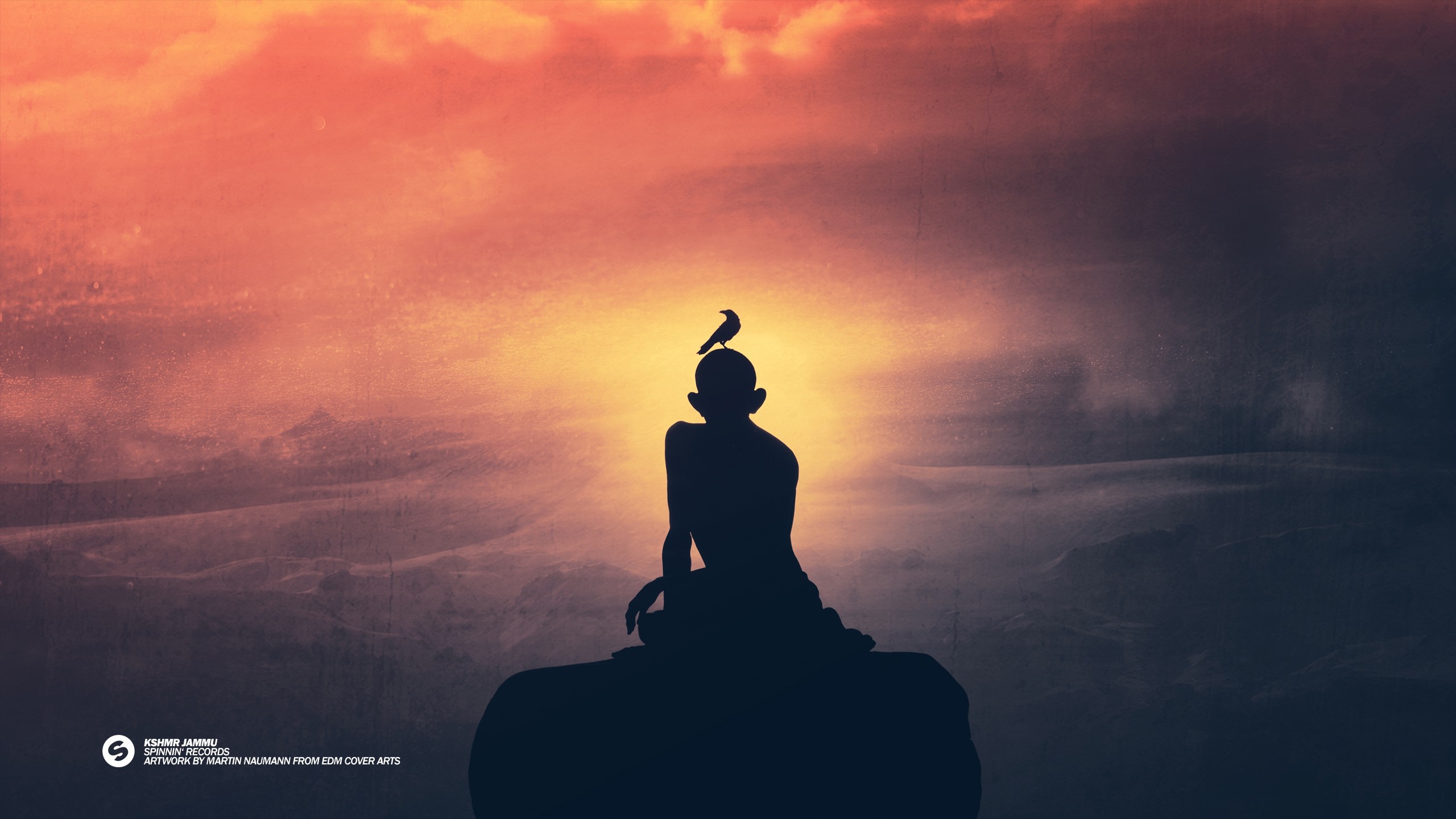 Silhouette of a person with a bird on head at sunset HD Wallpaper