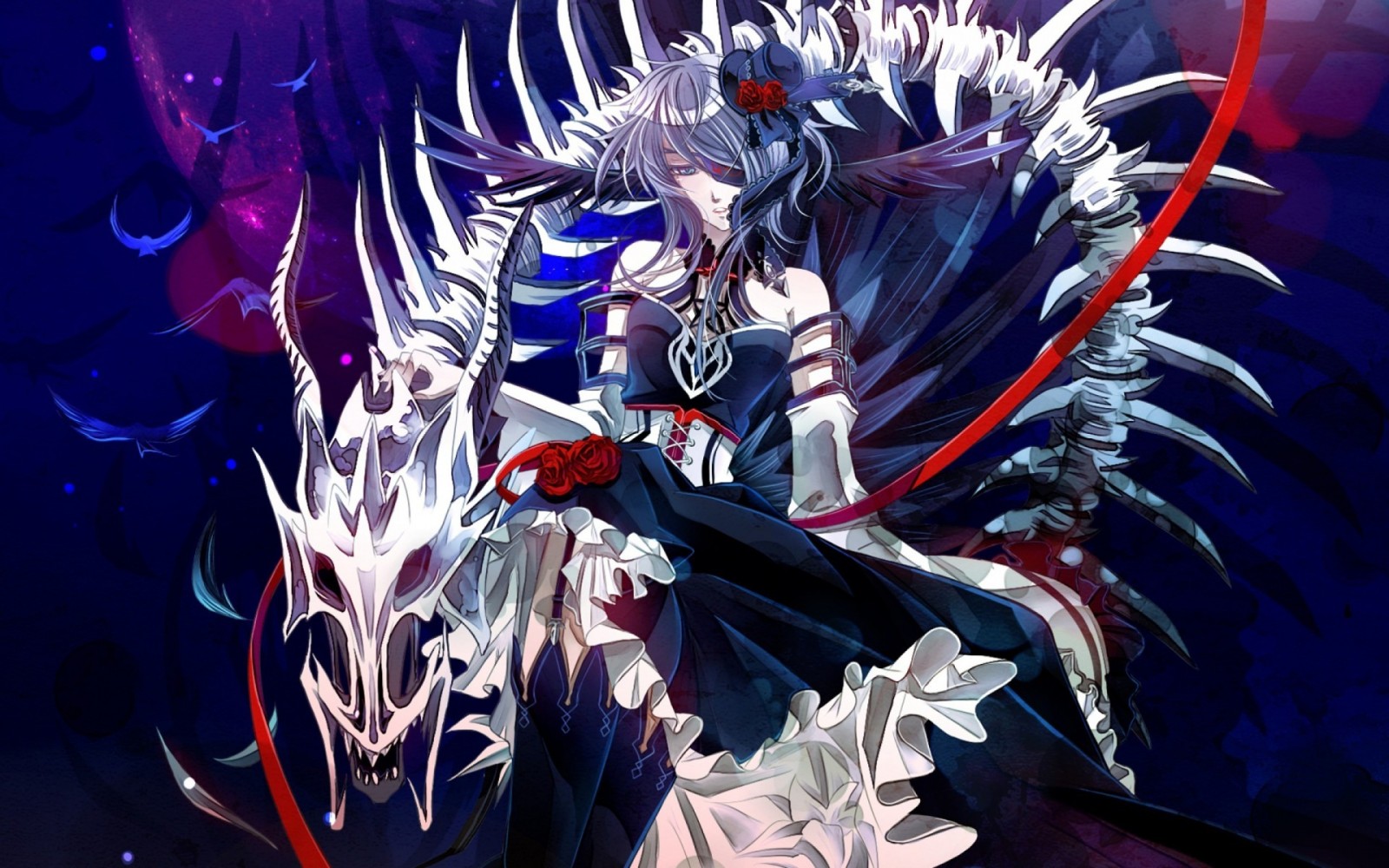 Anime girl with skeletal dragon throne HD Wallpaper