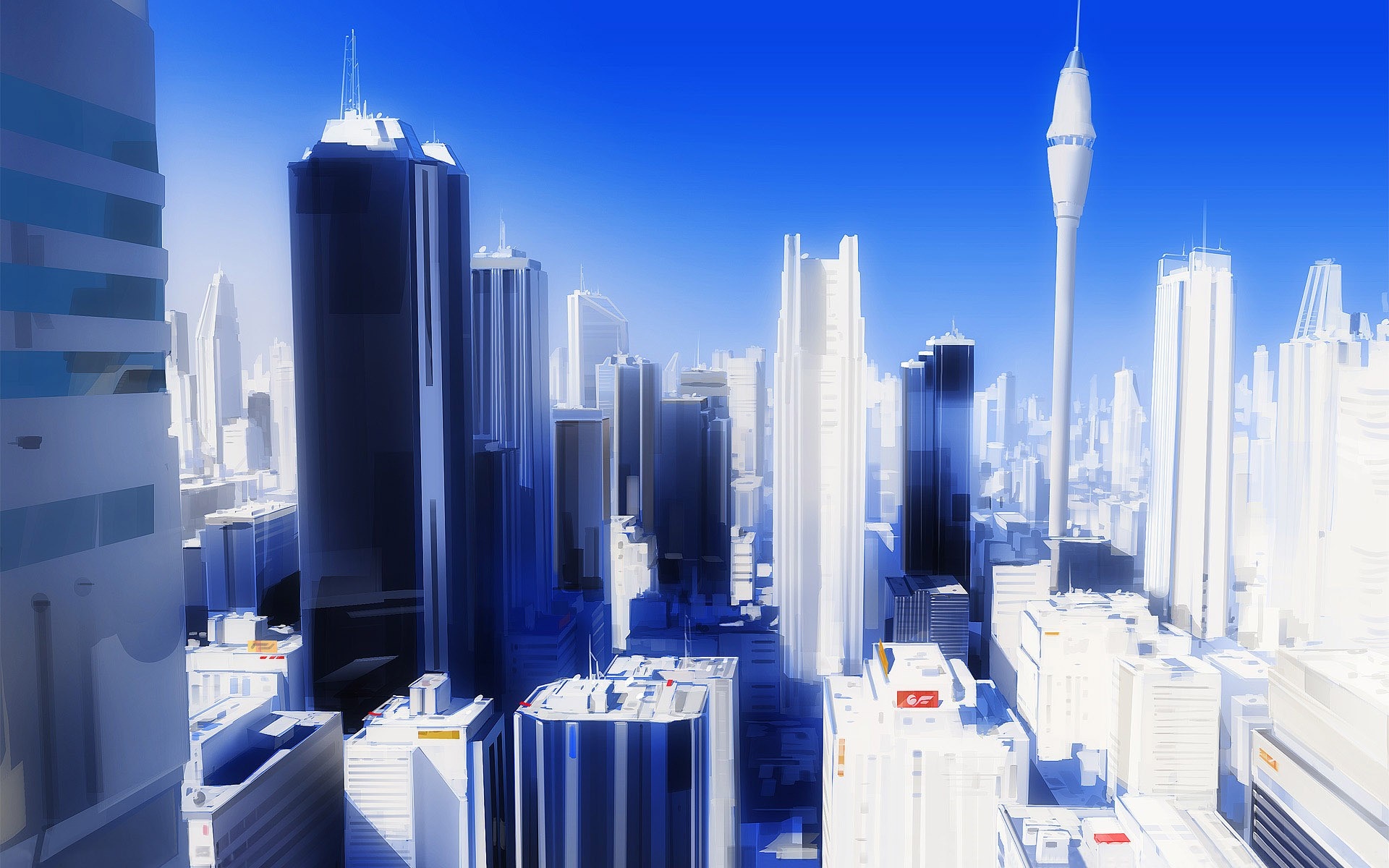 Futuristic cityscape with skyscrapers and a tall tower HD Wallpaper