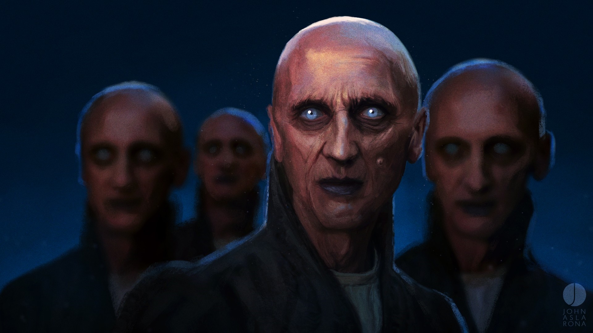 Group of bald figures with glowing eyes HD Wallpaper