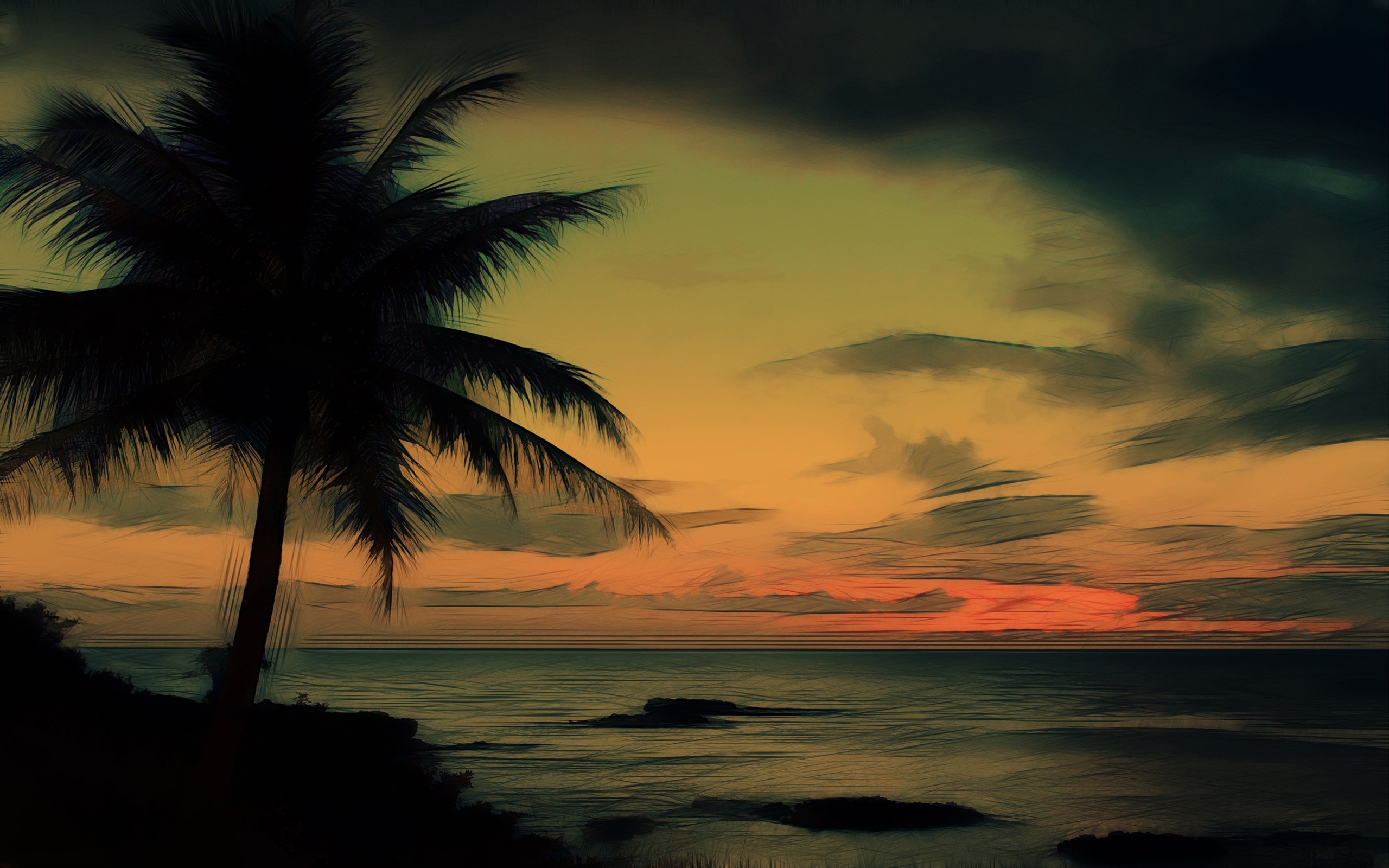 Silhouette of a palm tree against a sunset over the ocean HD Wallpaper