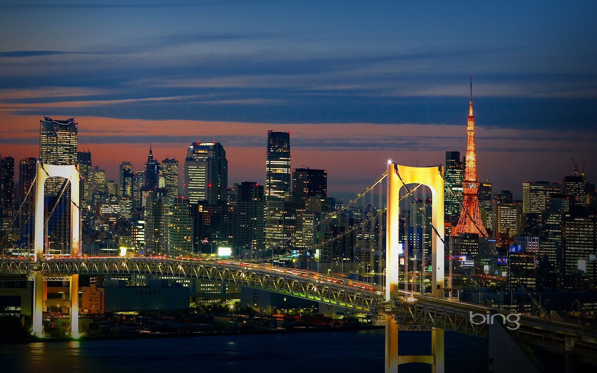 Rainbow Bridge and Tokyo Tower at dusk HD Wallpaper