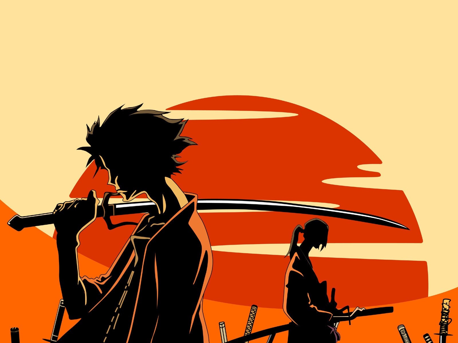 Samurai Champloo illustration with two samurai and a sun HD Wallpaper