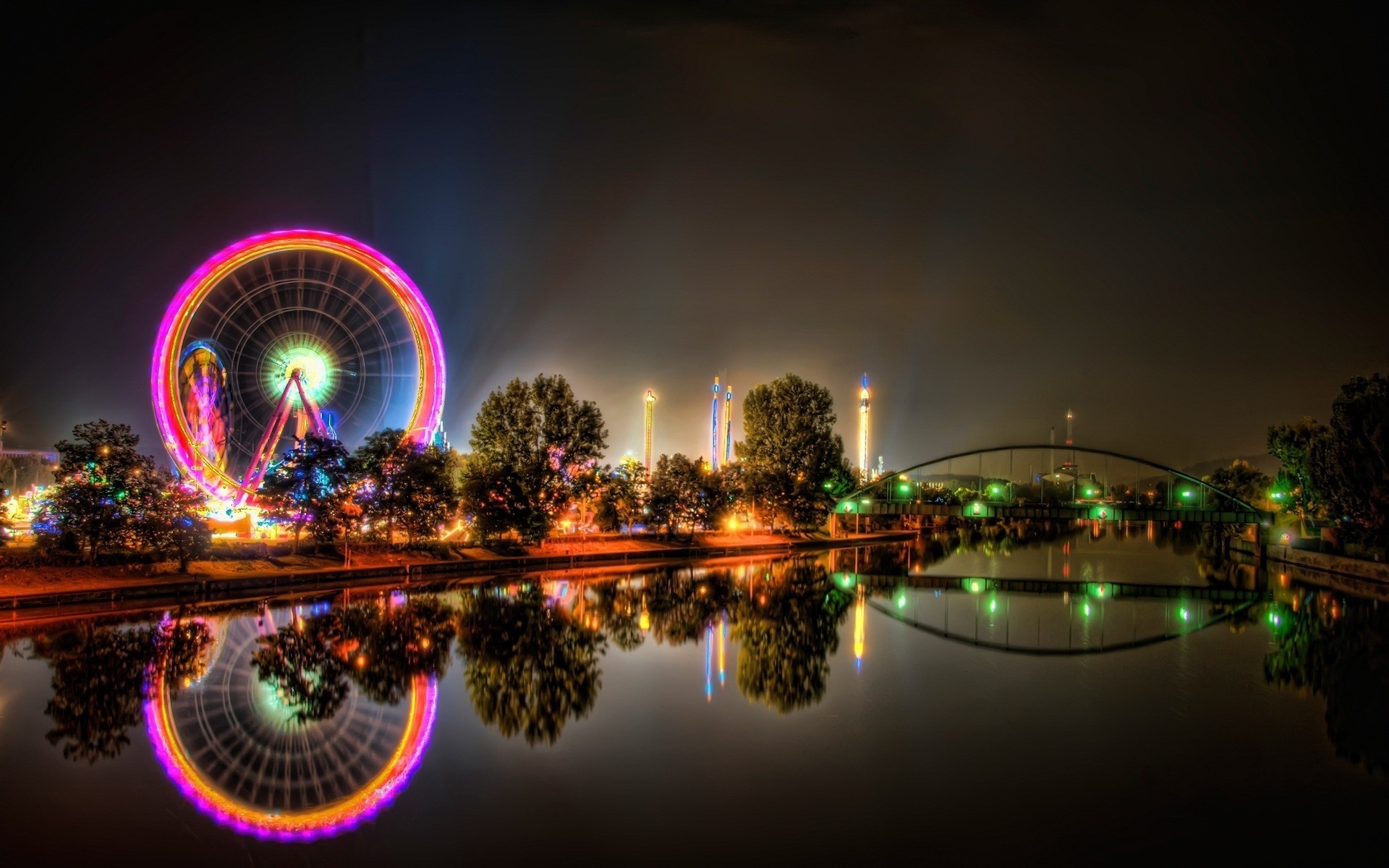 Night cityscape with Ferris wheel and bridge reflection HD Wallpaper