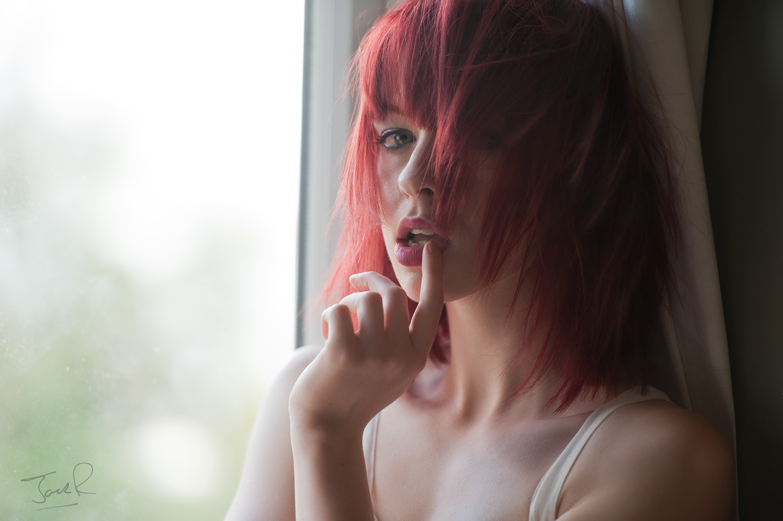 Woman with red hair by the window HD Wallpaper