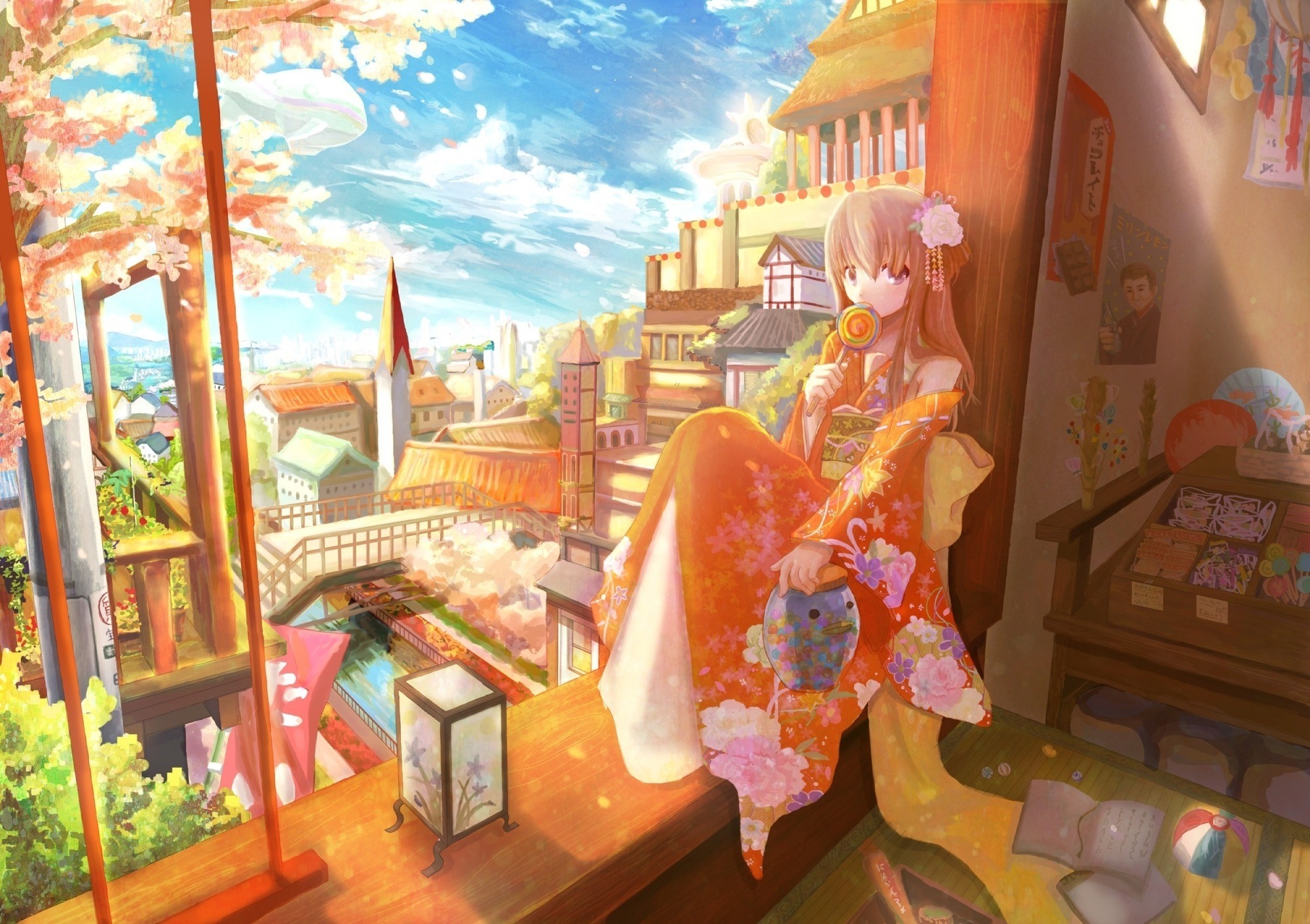 Anime girl in kimono eating lollipop in Japanese town HD Wallpaper