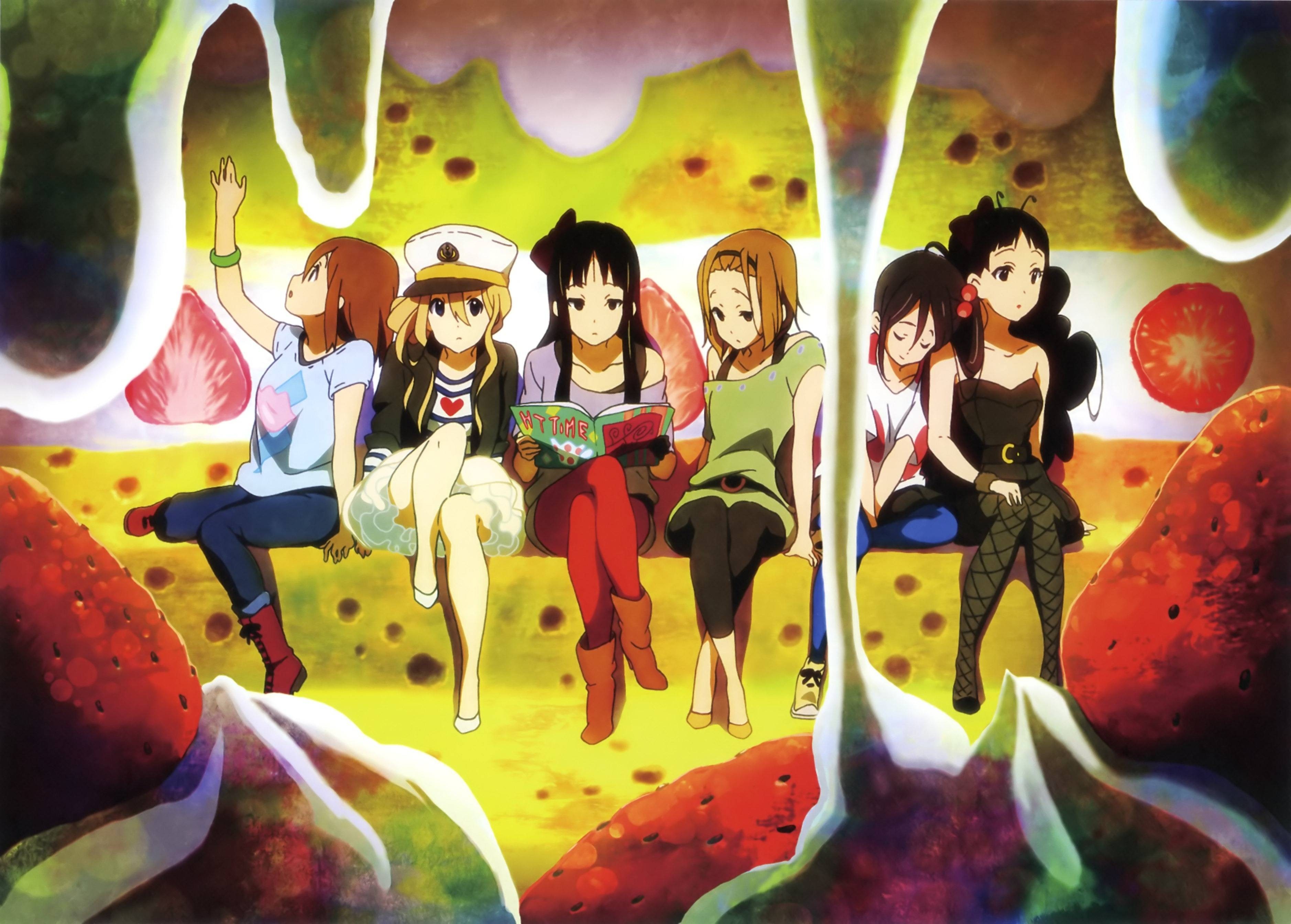 K-On! girls sitting on a cake with strawberries HD Wallpaper