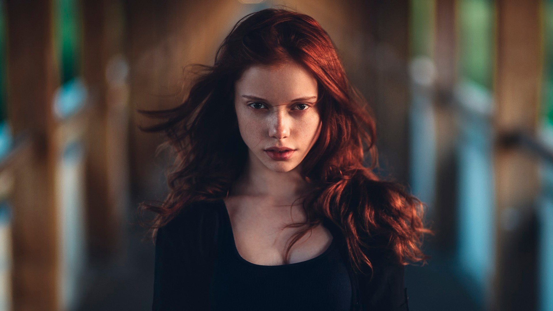 Woman with red hair and freckles looking at viewer HD Wallpaper