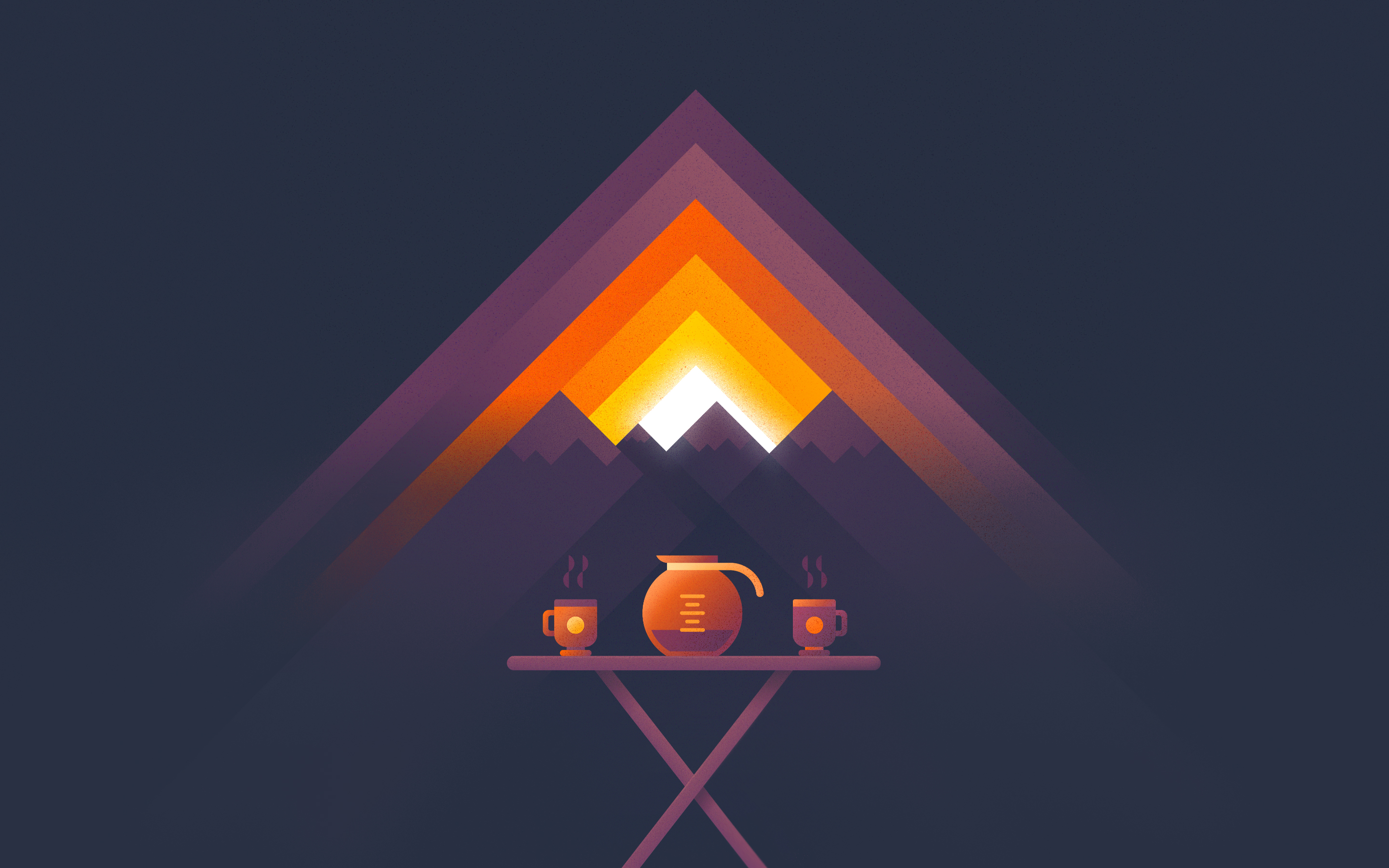 Minimalist mountain sunrise with coffee set HD Wallpaper