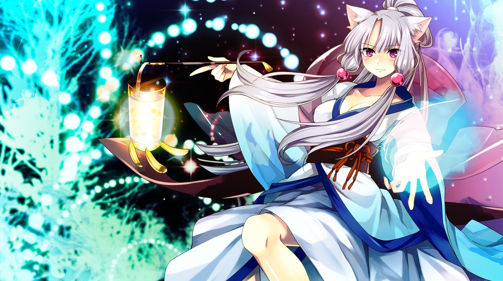 Anime girl with fox ears holding a lantern HD Wallpaper