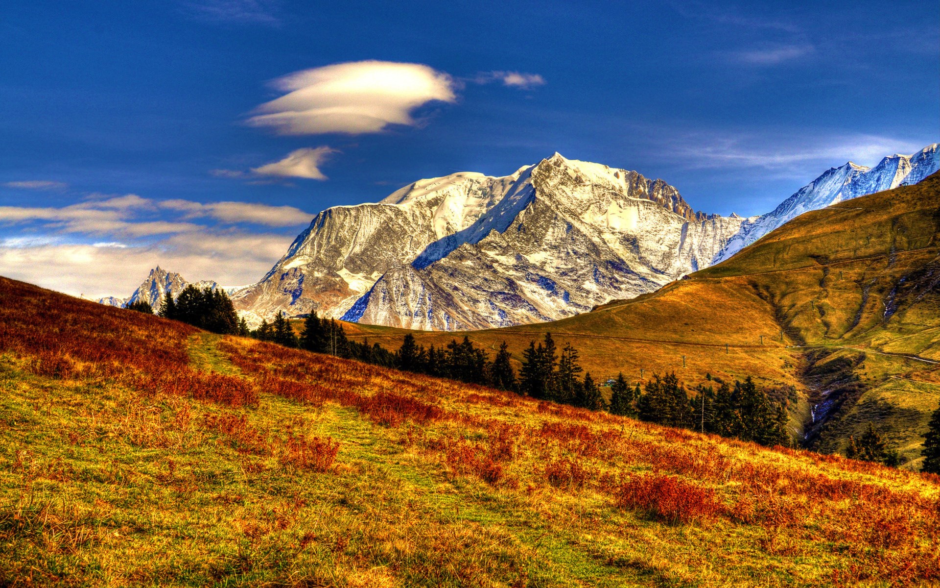 Snow-capped mountains and autumn meadow under blue sky HD Wallpaper