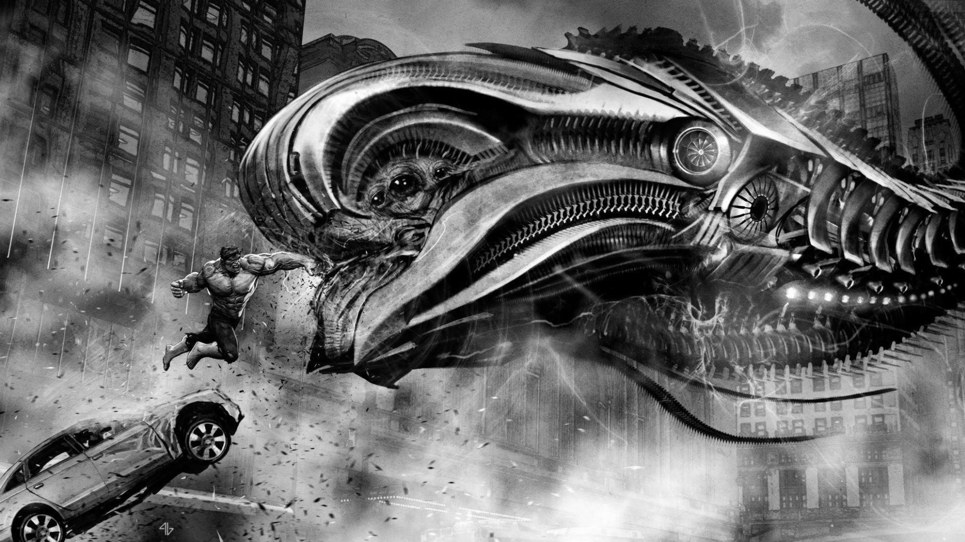Hulk fighting a large alien creature in a city HD Wallpaper