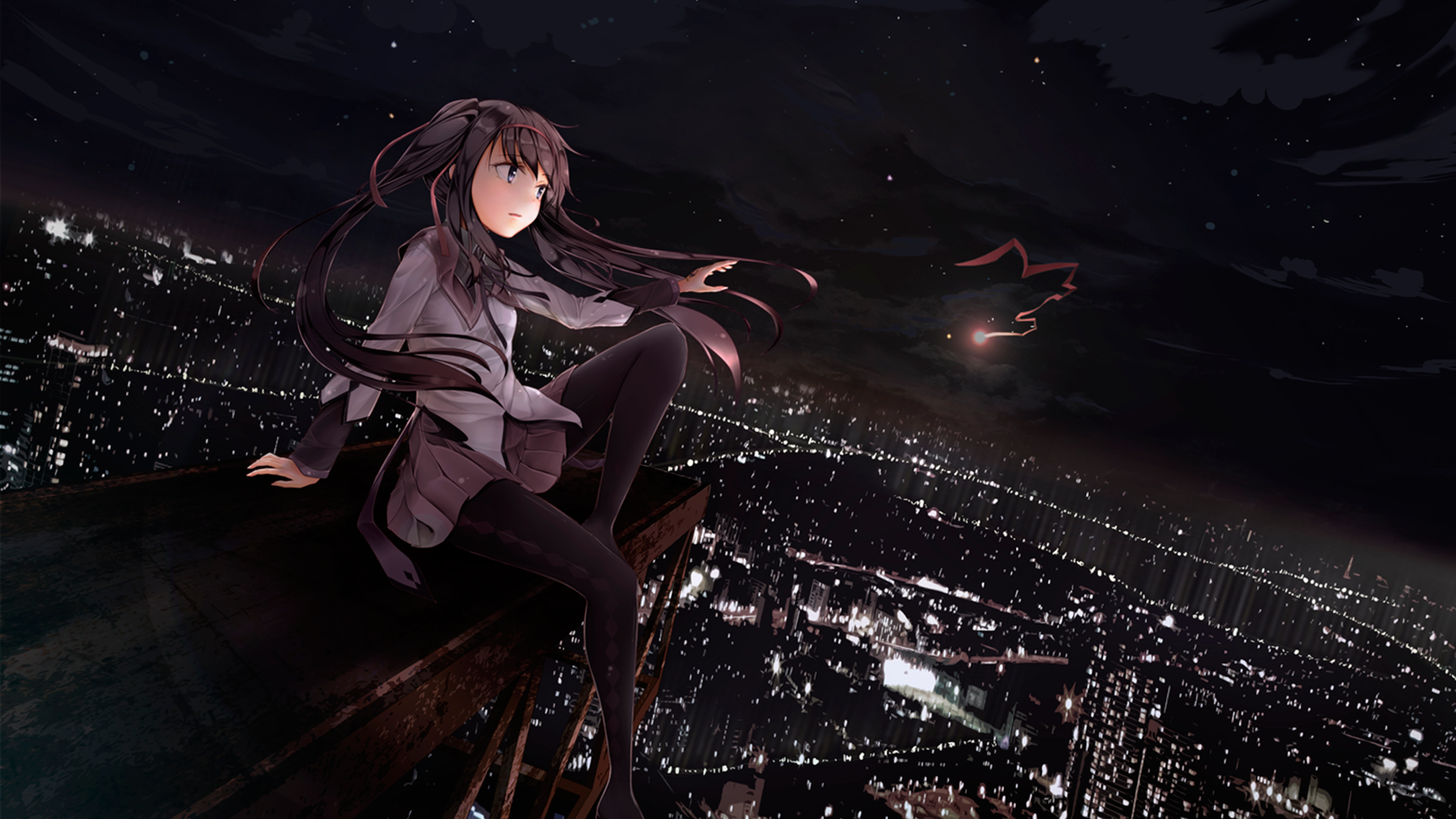 Akemi Homura from Mahou Shoujo Madoka Magica at night HD Wallpaper