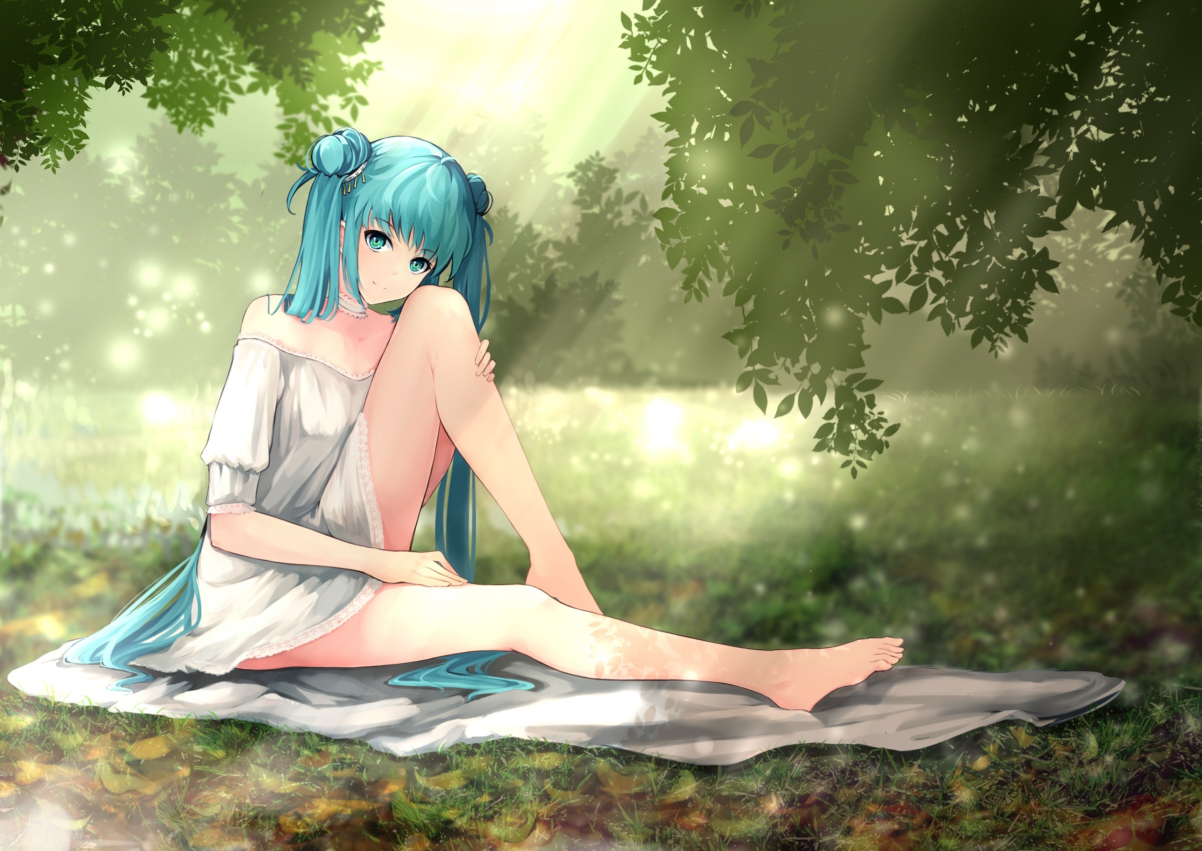 Hatsune Miku sitting in a forest HD Wallpaper