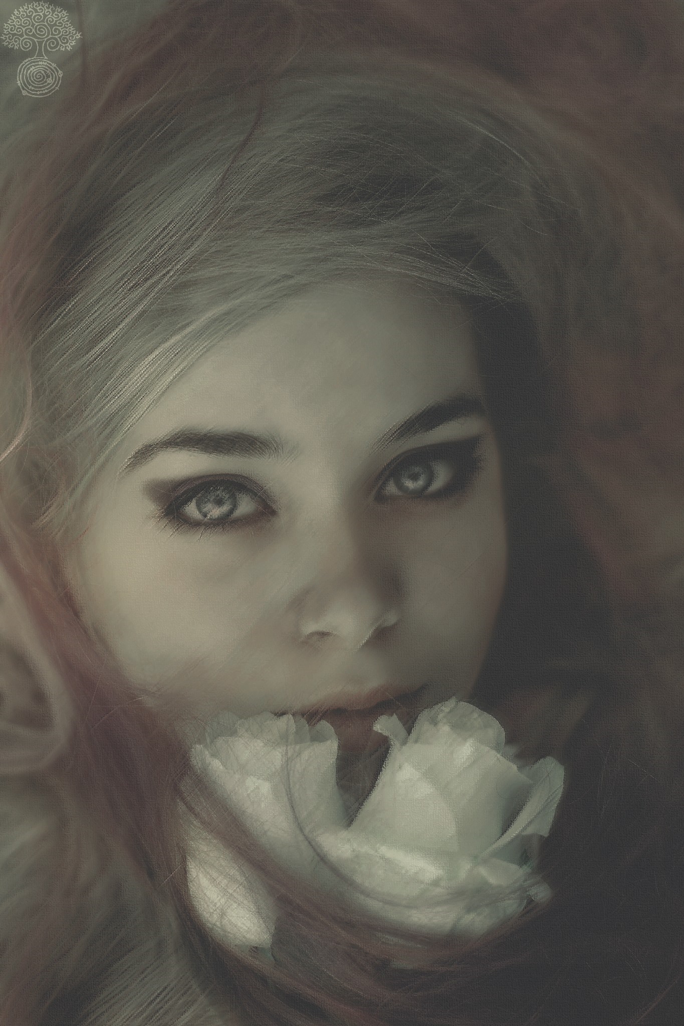 Close up portrait of a woman with a white flower HD Wallpaper