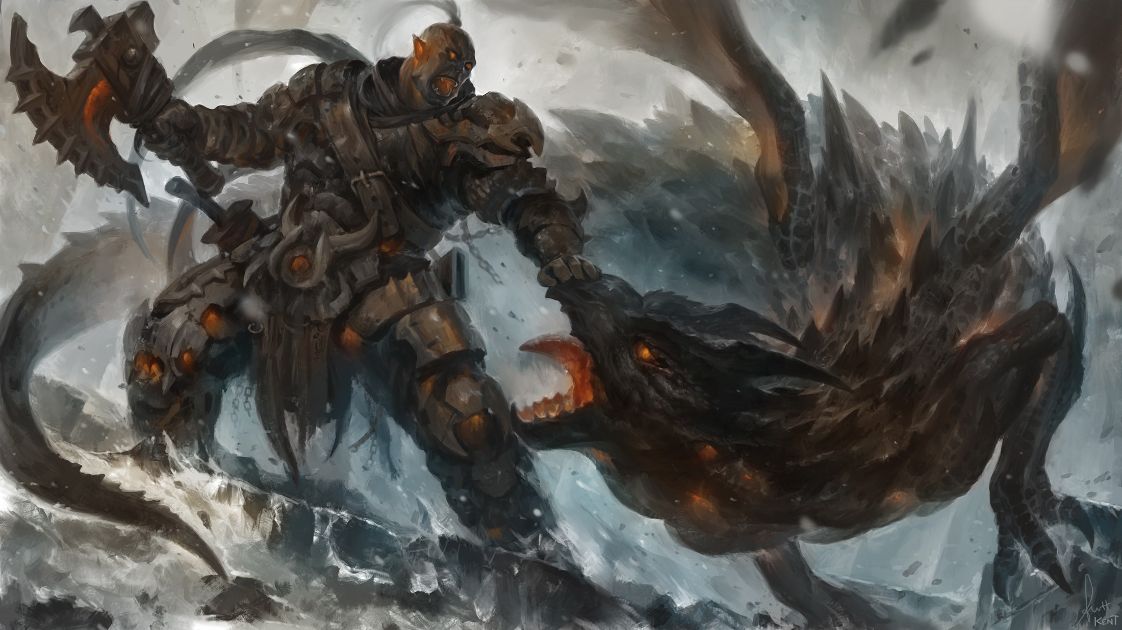 Orc warlord fighting a dragon in a snowy landscape HD Wallpaper