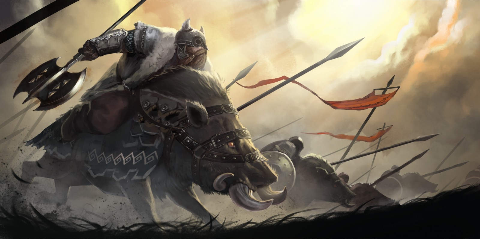 Fantasy warrior riding a boar into battle HD Wallpaper