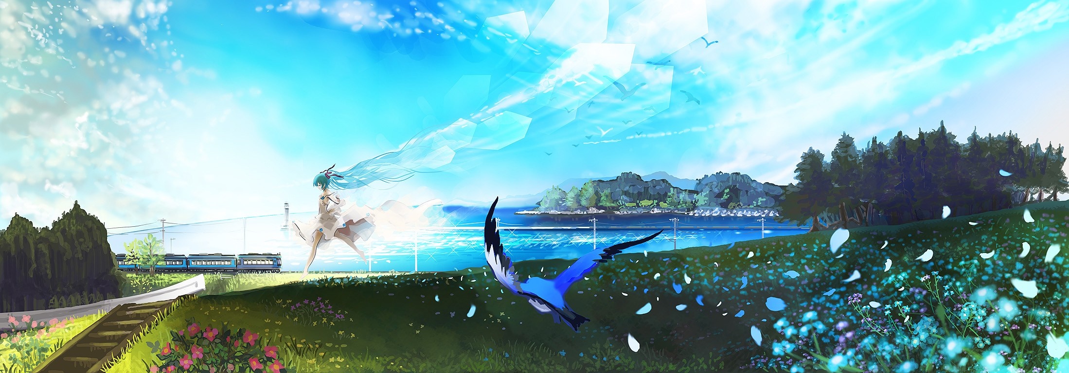 Anime girl running with a train and birds in a landscape HD Wallpaper
