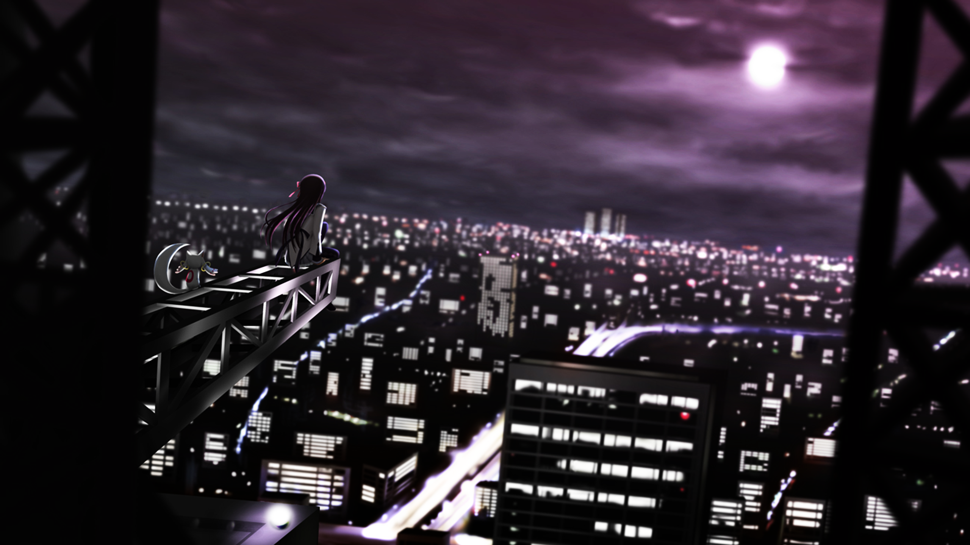 Anime girl on a rooftop overlooking a city at night HD Wallpaper