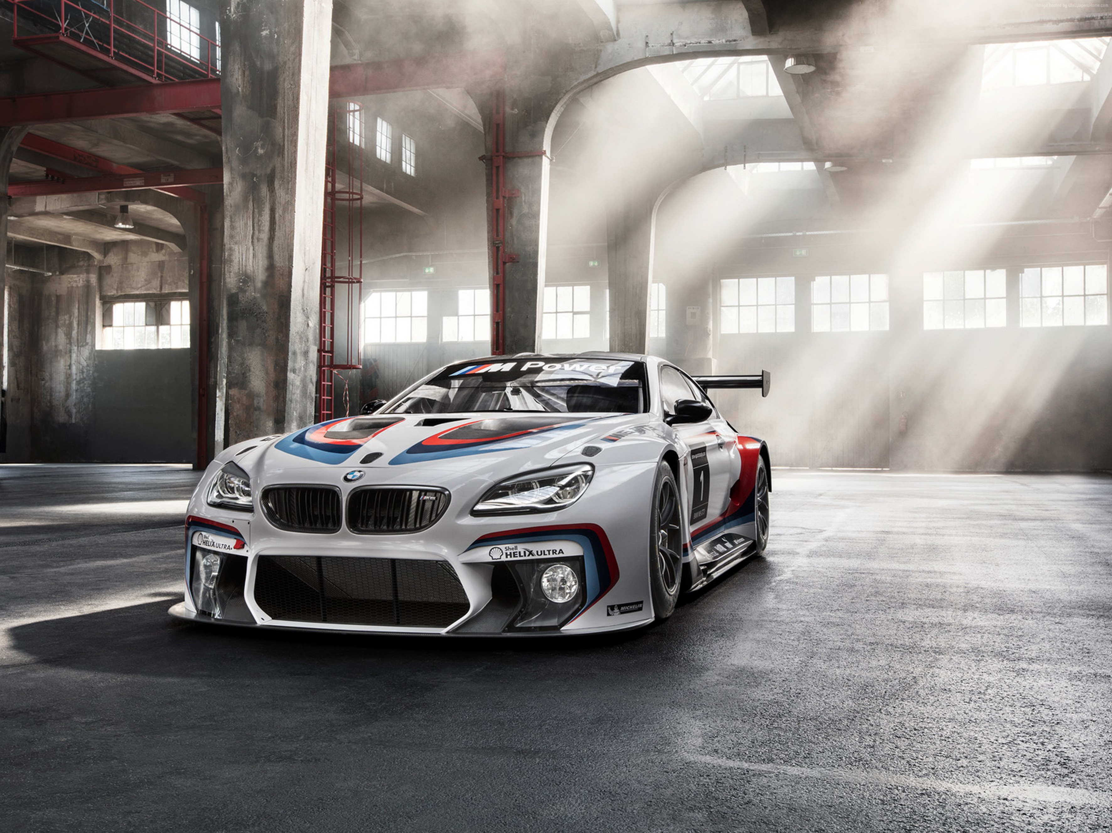 BMW M6 GT3 race car in a warehouse HD Wallpaper