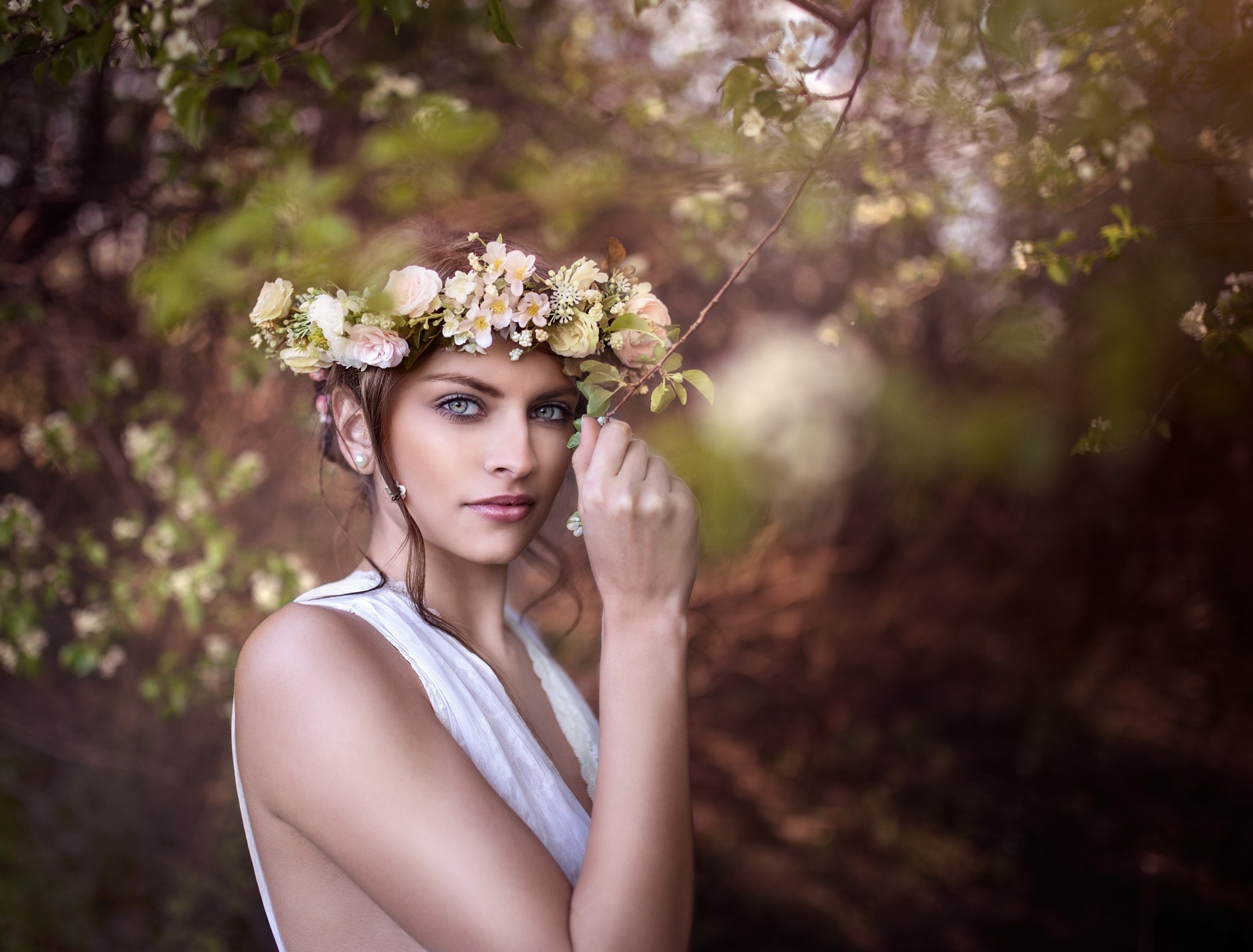 Woman with flower crown in nature HD Wallpaper