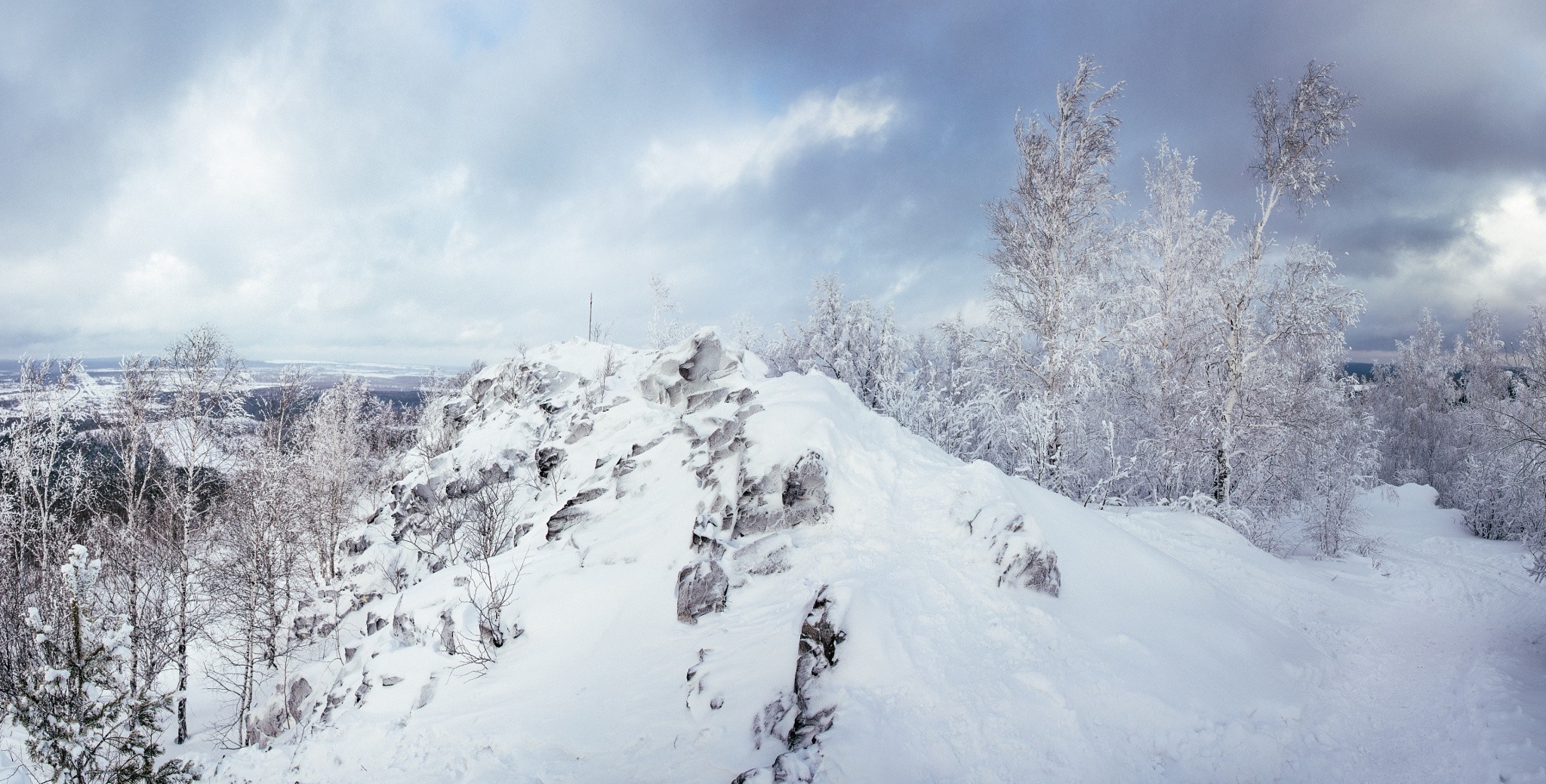 Snow-covered rocky ridge with frosted trees under cloudy sky HD Wallpaper