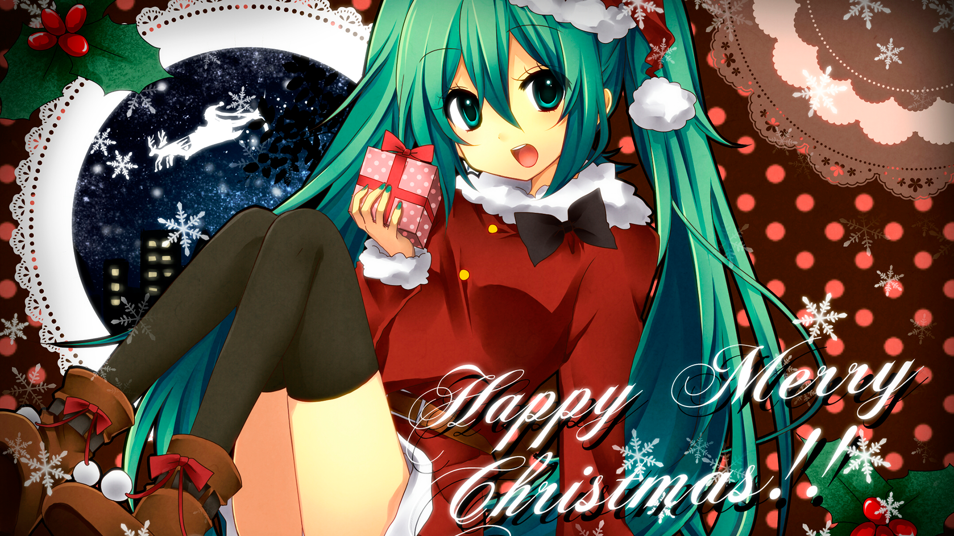 Hatsune Miku in Christmas Outfit Holding Gift HD Wallpaper