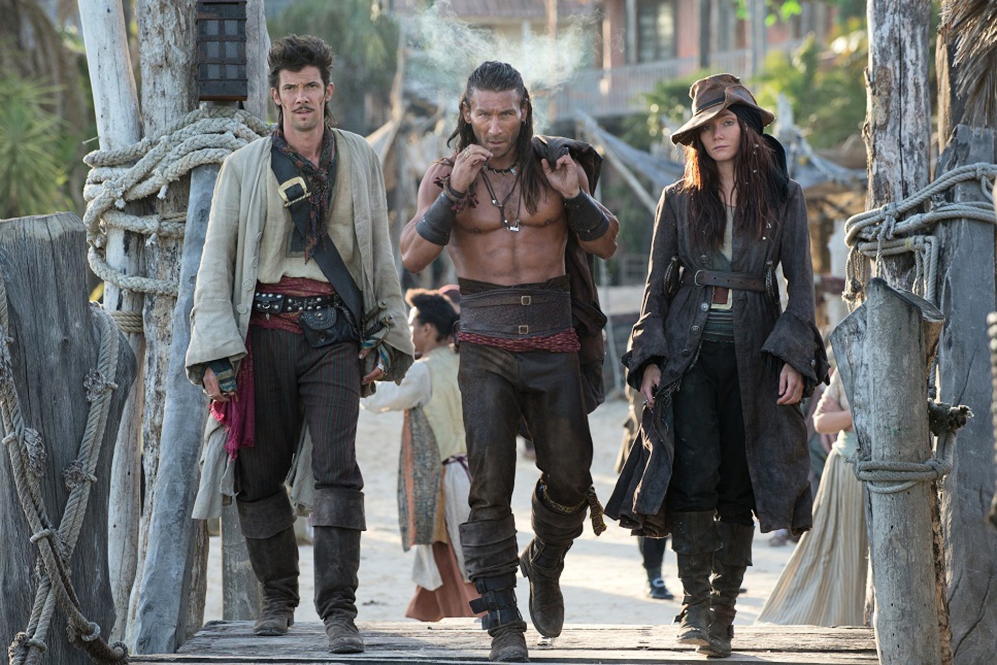 Three pirates walking on a wooden pier HD Wallpaper