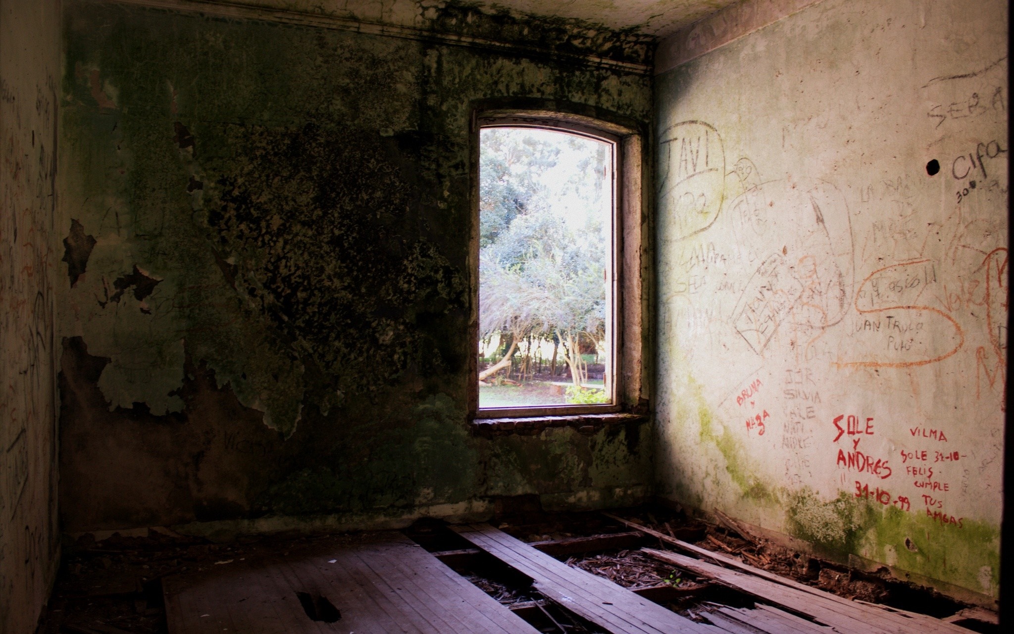 Abandoned room with graffiti and a window HD Wallpaper
