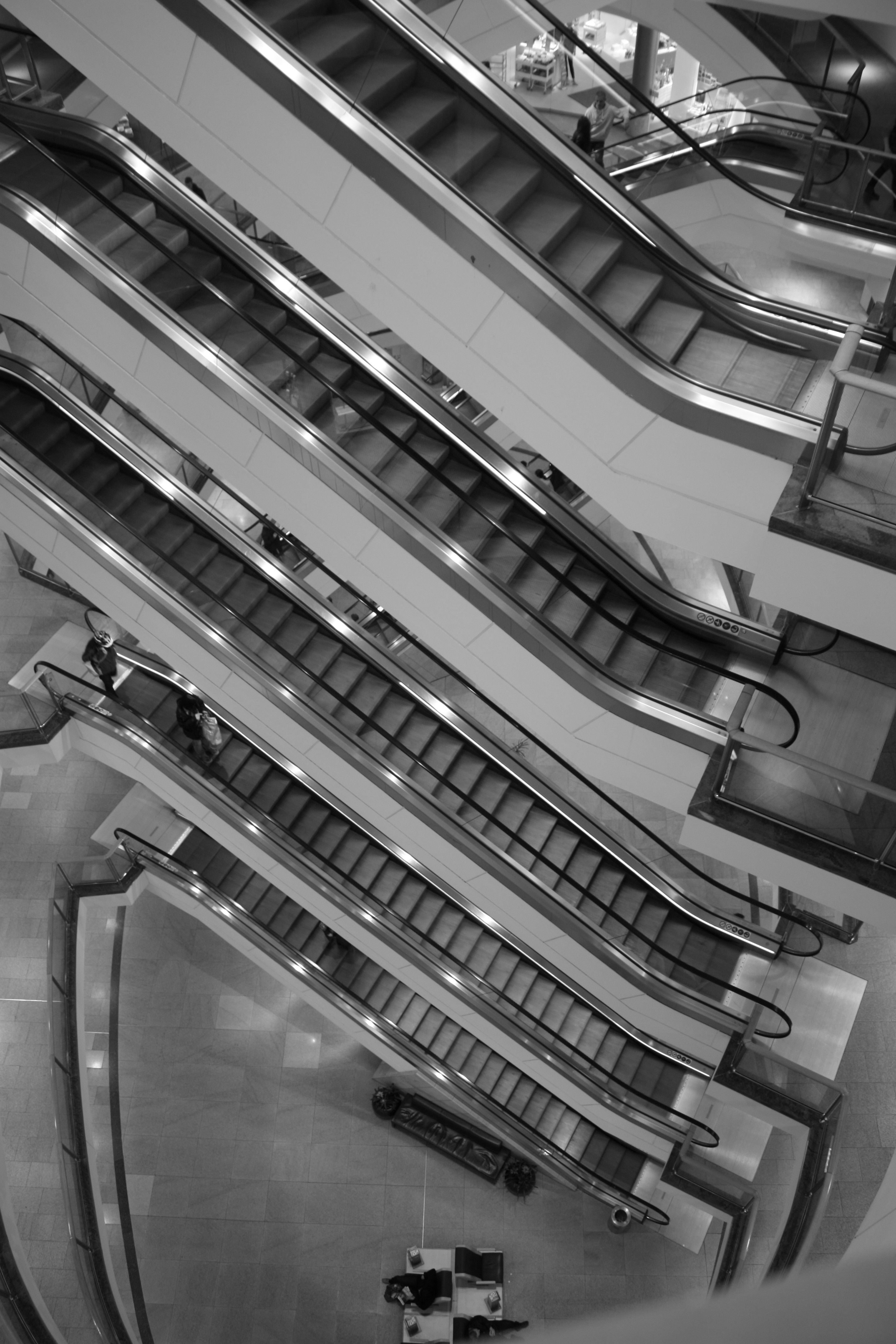Monochrome image of escalators in a building HD Wallpaper