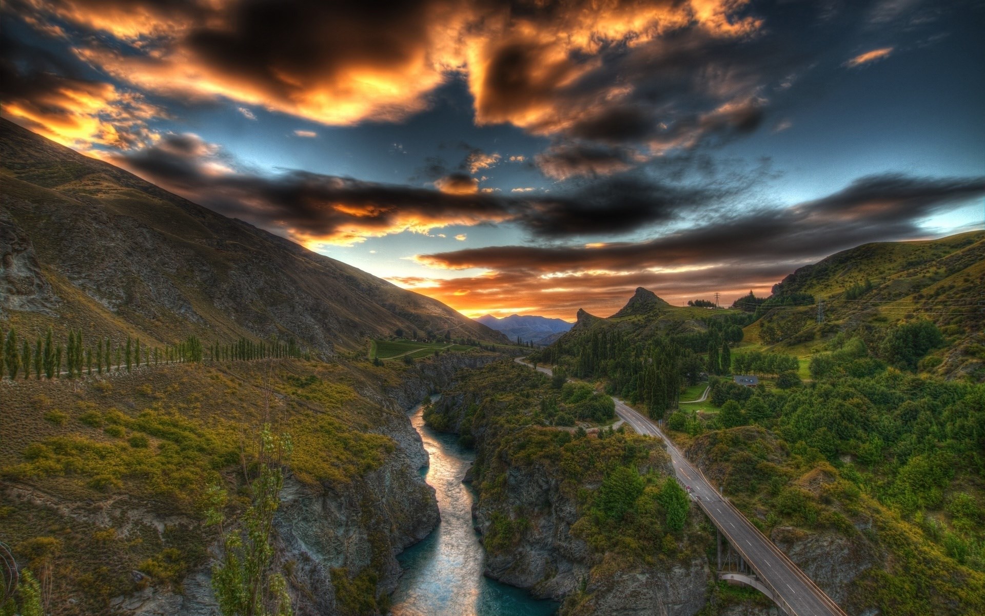 River canyon with bridge and sunset sky HD Wallpaper