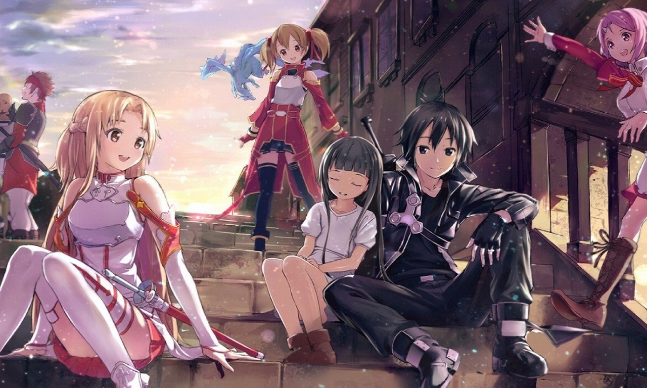 Sword Art Online characters on stairs at sunset HD Wallpaper