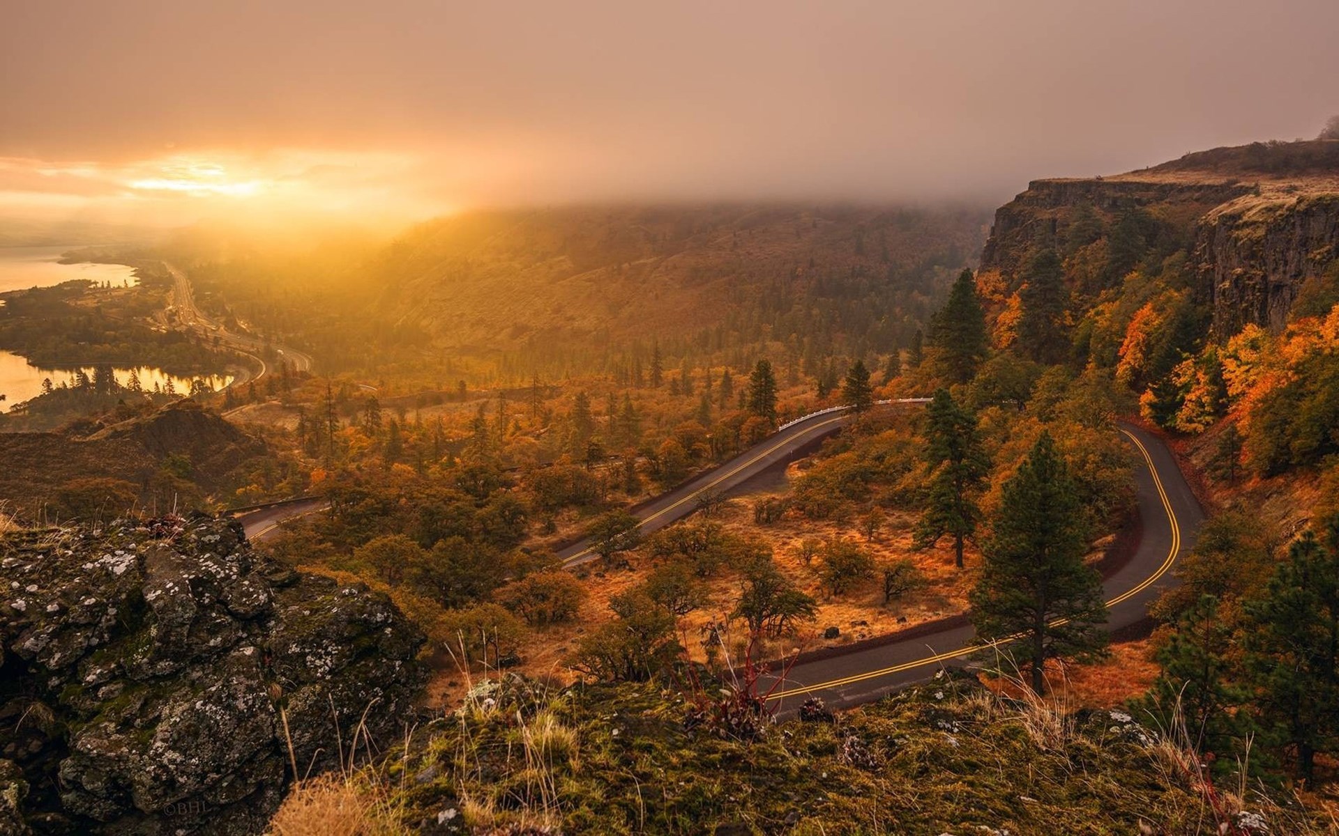 Winding road through autumn forest at sunrise HD Wallpaper