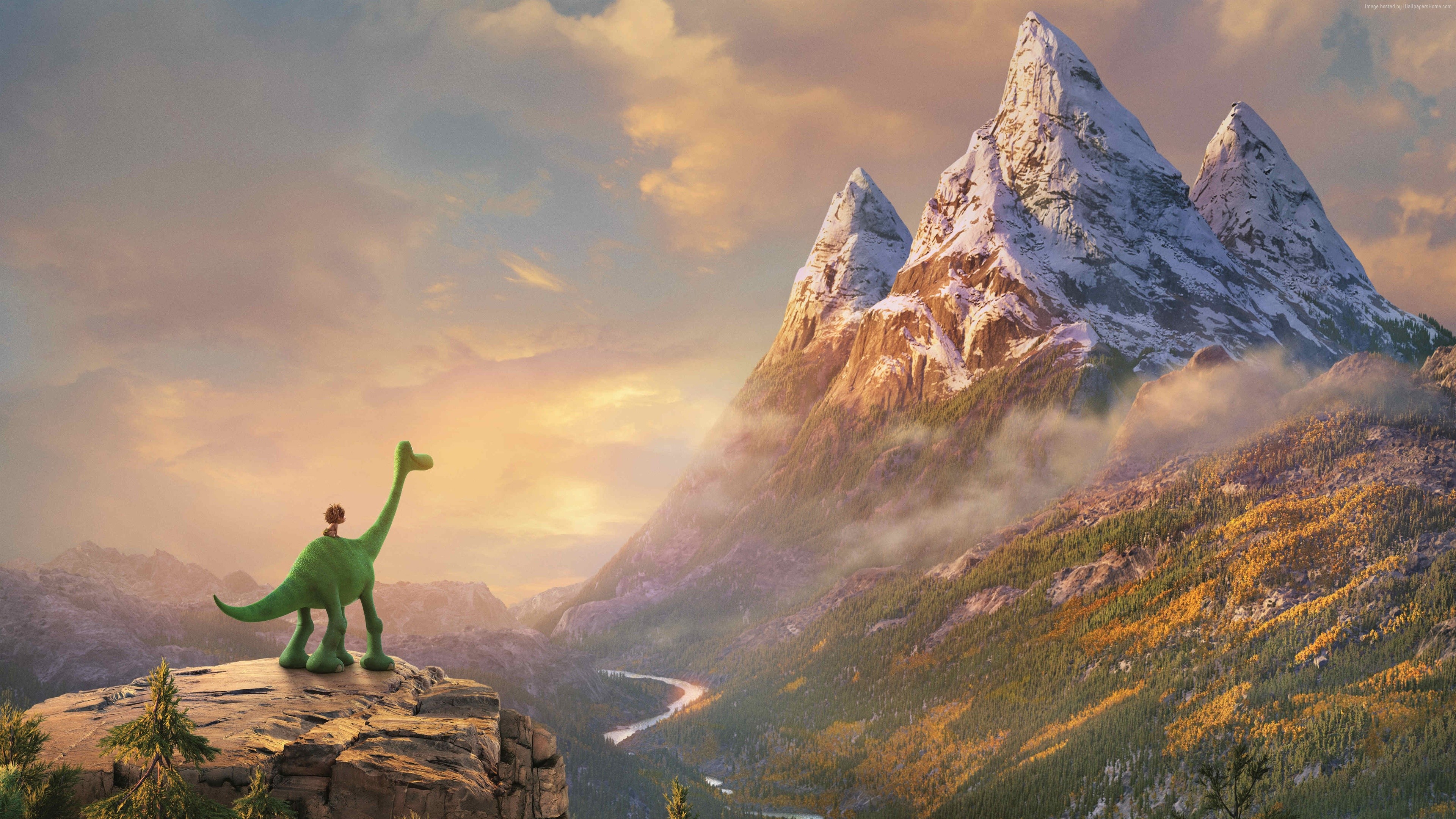 Arlo the Dinosaur and Spot on a mountain overlook HD Wallpaper