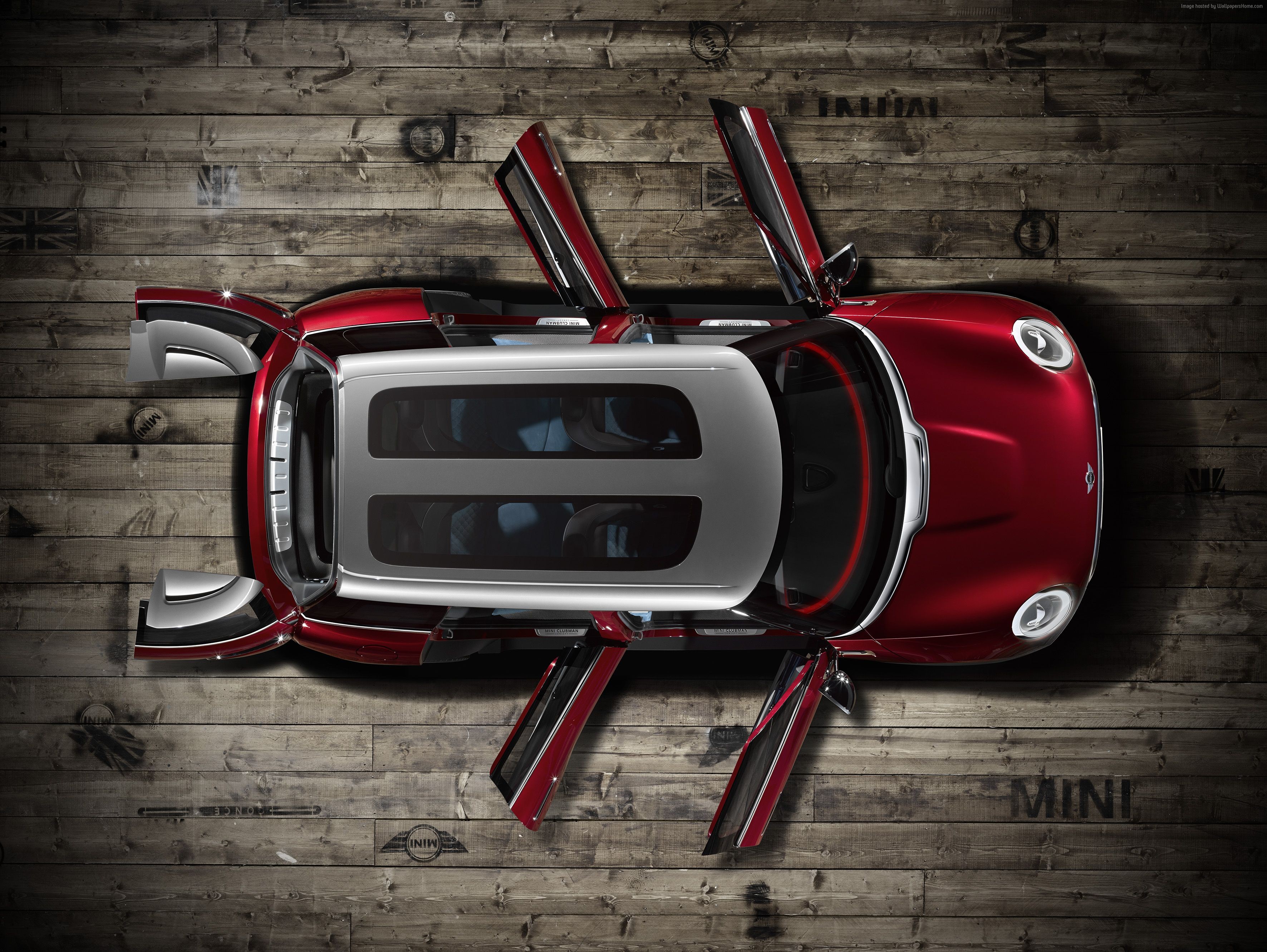 MINI Clubman estate with doors open on wooden floor HD Wallpaper