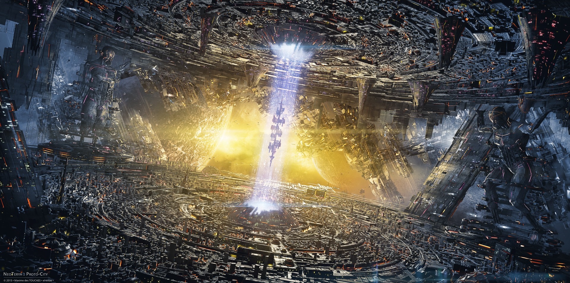 Futuristic city with a beam of light HD Wallpaper