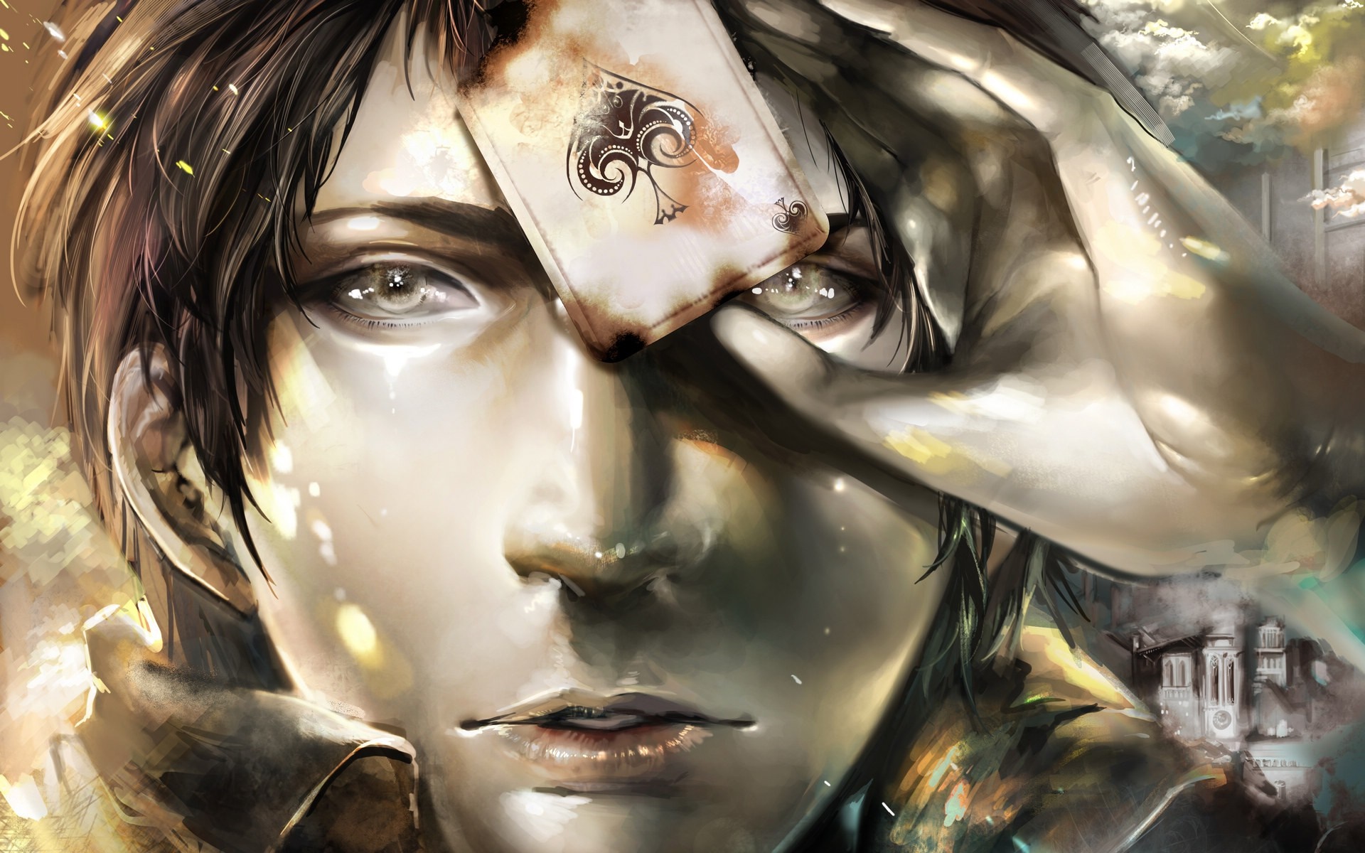 Anime boy with ace of spades card over eye HD Wallpaper