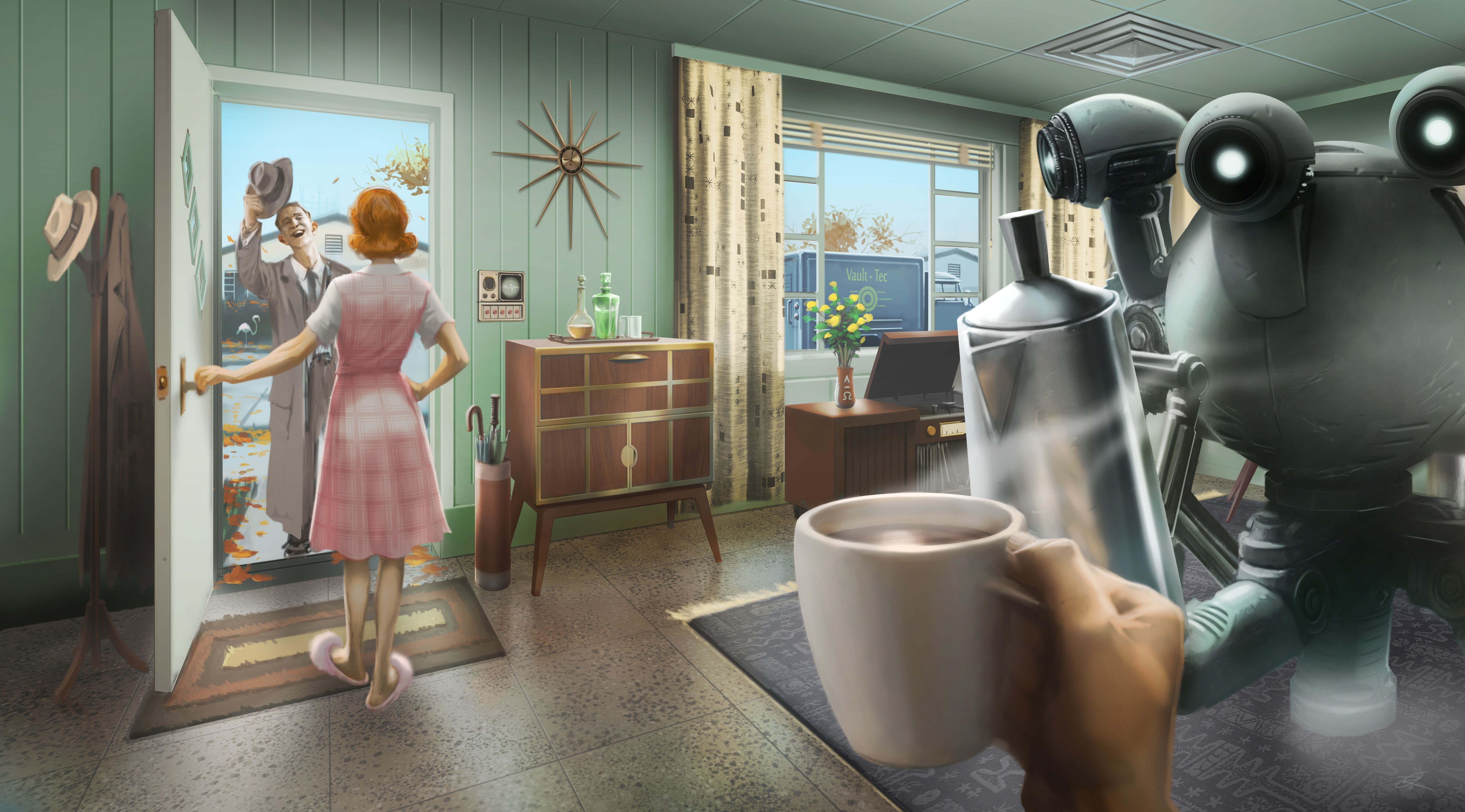 Robot serving coffee in Fallout 4 concept art HD Wallpaper